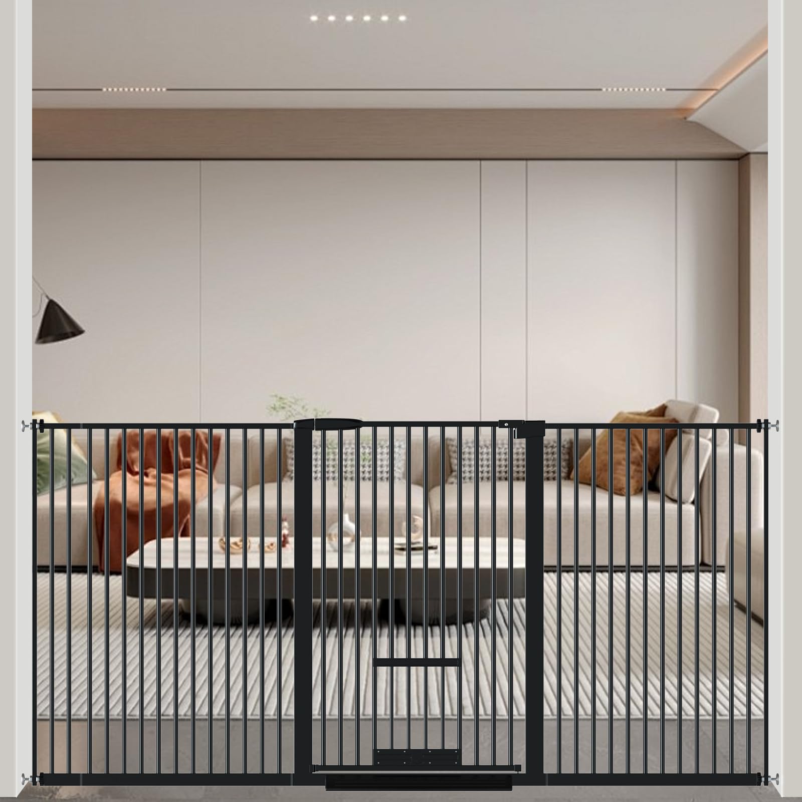 【送料無料】Seogva ペットゲート ベビーゲート 高さ103cm 間隔3.5cm ペットゲート ドア付き 猫すり抜け防止 飛び越え防止ゲート 猫ドア付きゲート 過密フレーム付き（ブラック 197-216.5cm）