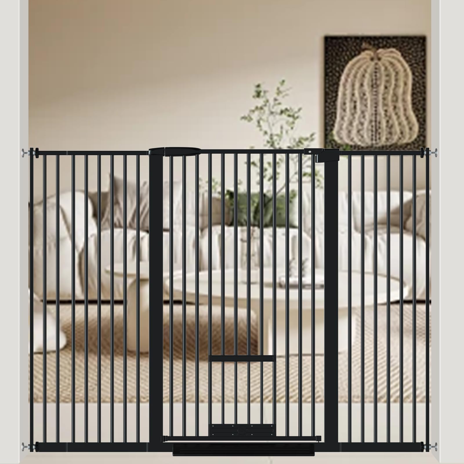 【送料無料】Seogva ペットゲート ベビーゲート 高さ103cm 間隔3 cm ペットゲート ドア付き 猫すり抜け防止 飛び越え防止ゲート 猫ドア付きゲート 過密フレーム付き（ブラック 137-156 cm）