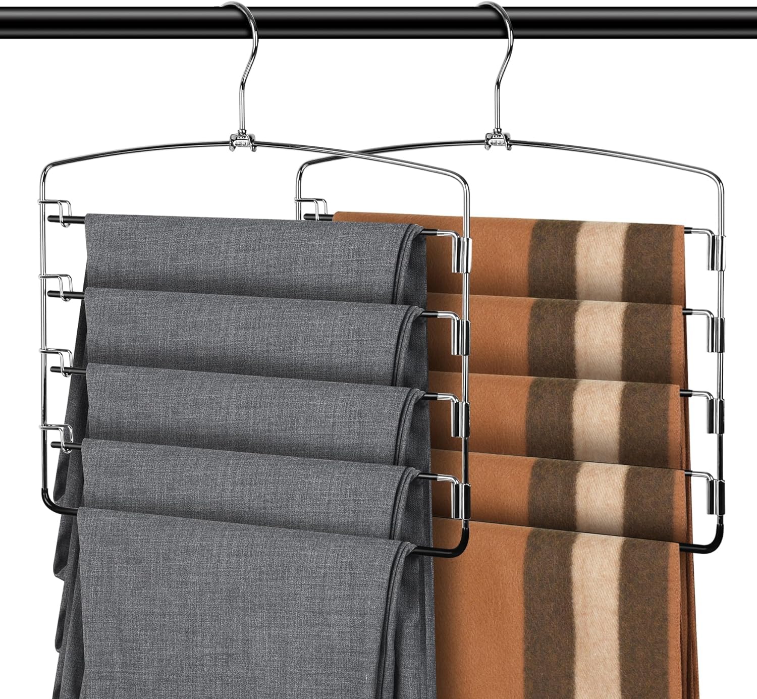 【送料無料】siawadeky ズボンハンガー 5段 2本セット パンツハンガー 跡がつかない 皺防止 ズボン掛け 360°回転 多機能 収納 衣類収納適用 コンパクト収納 衣類整理 クローゼット 押し入れ用