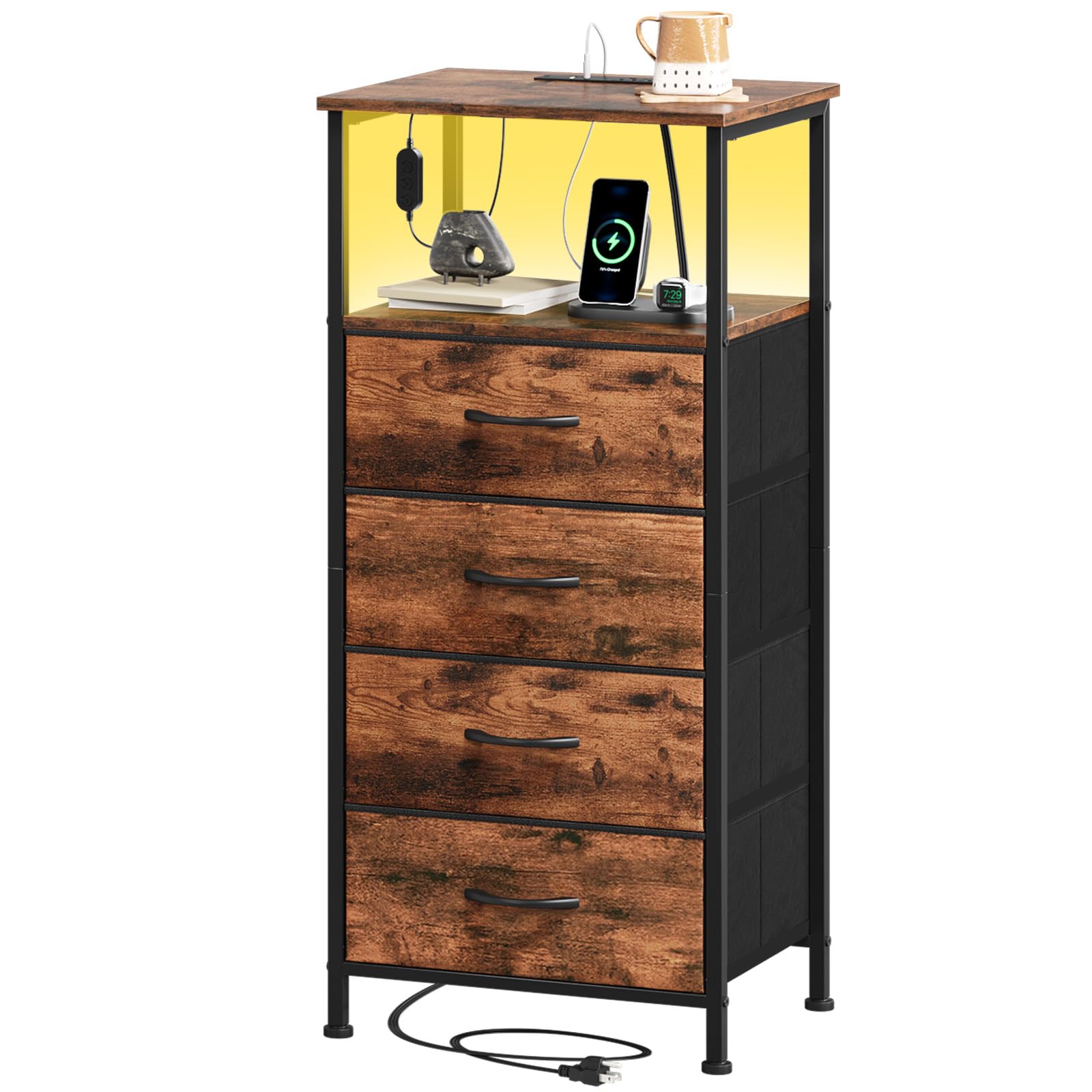 【送料無料】Somdot サイドテーブル ベッドサイドテーブル ナイトテーブル チェスト 収納 棚 引き出し LED付き USBポート&コンセント付き おしゃれ 布製 たんす 脱衣所 衣類収納 幅40 奥行30 高さ86.5 リビング 寝室 ベッドサイド 玄関 廊下用 転倒防止 一人暮らし 4段