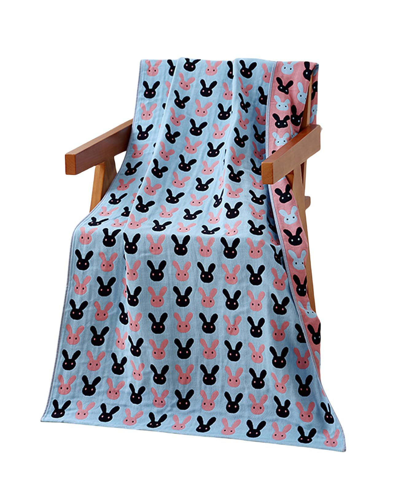 【送料無料】Tibemiガーゼバスタオル ふわふわ バスタオル 大判 可愛い綿沐浴ガーゼタオル 吸水・速乾タオル 浴用タオル プールタオル 温泉タオル バスタオル 業務用 毛羽落ちしないバスタオル 通気性肌触り70*140cm-青いウサギ頭（三層綿ガーゼ）