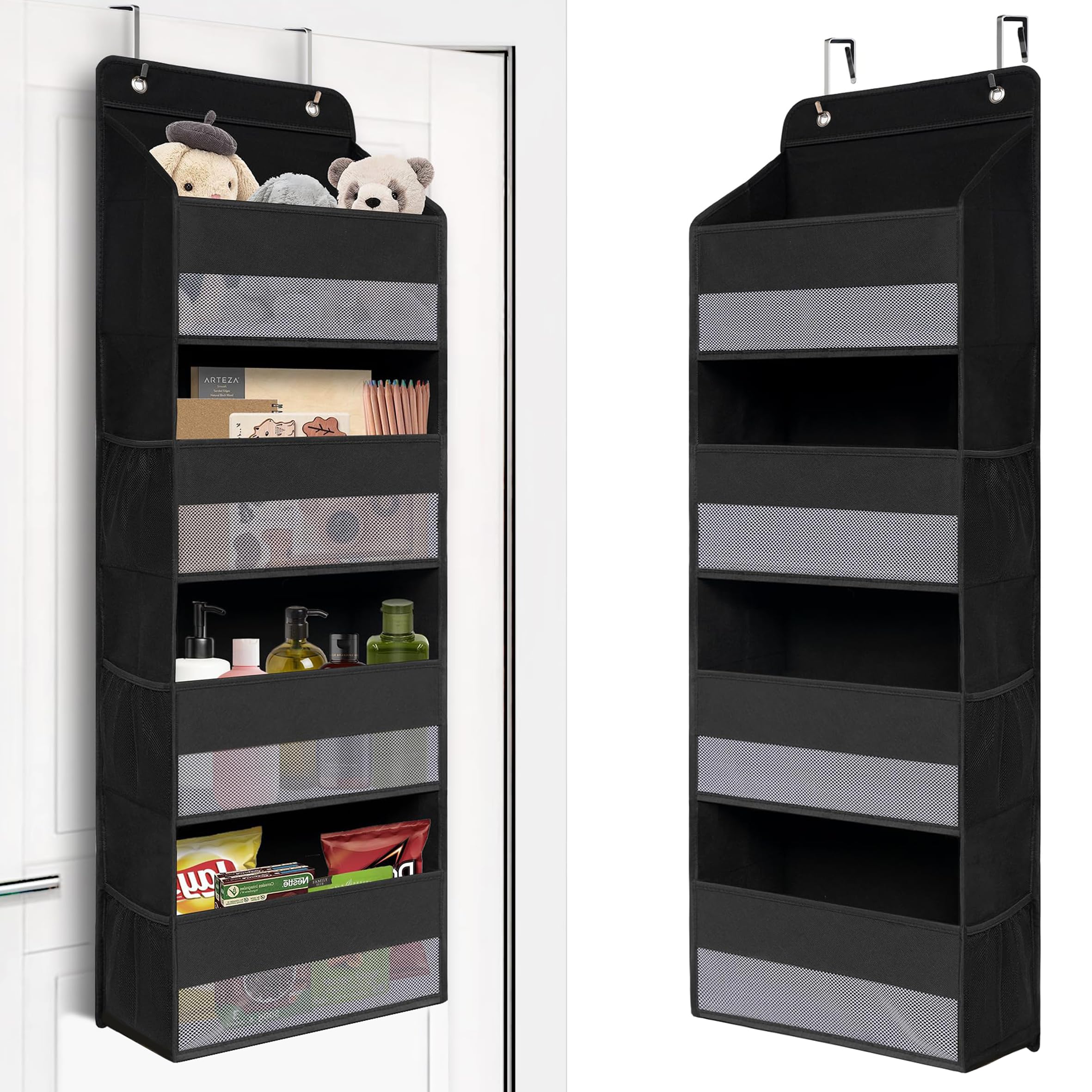 【送料無料】SIUSA ウォールポケット 【2025新型】 ドア掛け 壁掛け 収納ポケット 4段 吊り下げ収納ポケット 大容量 不織布 頑丈 メッシュ窓 おむつ タオル 化粧品 おもちゃ 漫画 収納 弾性フック2個付き (ブラック)