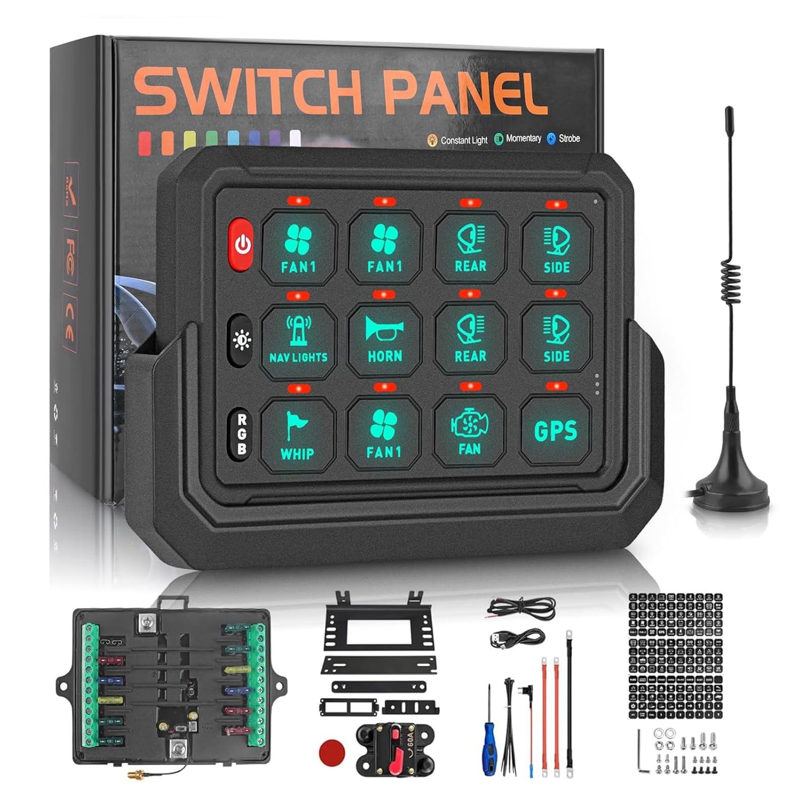 【送料無料】CHELHEAD ワイヤレス スイッチパネル 船用 RGBバックライト 12ギャング 調光可能 ストロボタッチ 防水制御パネル汎用 回路制御 リレーシステムボックス UTVピックアップ ジープ SUVの互換性ッチパネル…