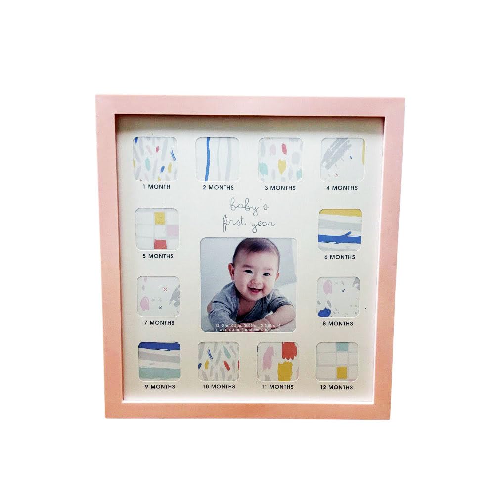 【送料無料】umely ベビーフォトフレーム 赤ちゃん写真立て 12ヶ月 ベイビー 写真立て ギフト 出産祝い ピンク ブルー ホワイト 女の子 男の子 (ピンク)
