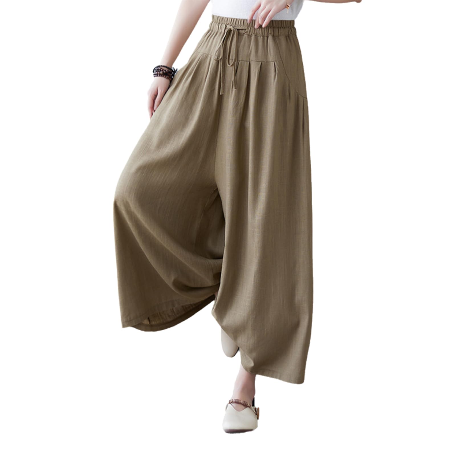 【送料無料】[Blostirno] ワイドパンツ レディース 夏 サルエルパンツ 綿麻 ゆったり リネンパンツ ガウチョ 無地 薄い カジュアル 着痩せ 春夏秋（JP0107CA-M）