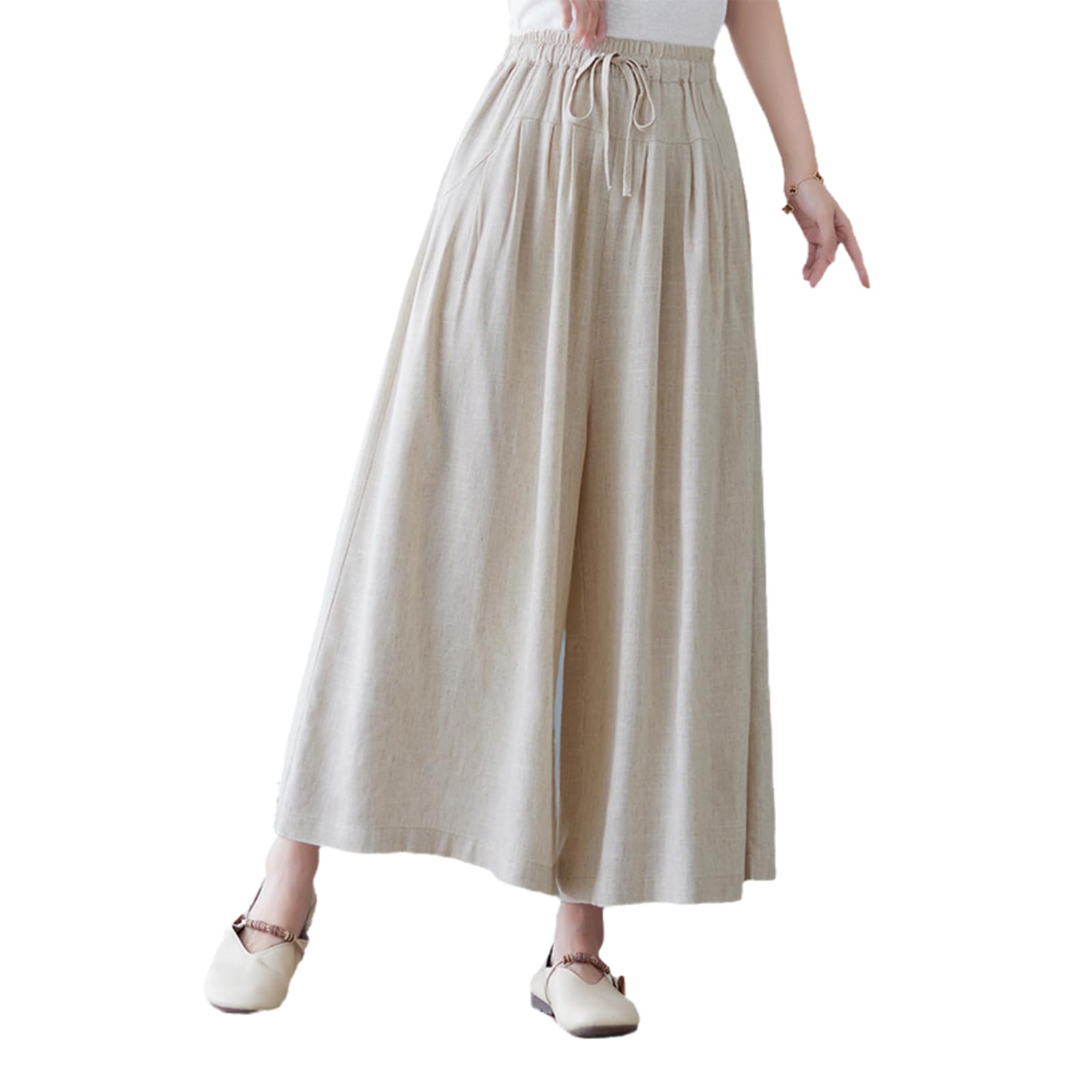 【送料無料】[Blostirno] ワイドパンツ レディース 夏 サルエルパンツ 綿麻 ゆったり リネンパンツ ガウチョ 無地 薄い カジュアル 着痩せ 春夏秋（JP0107BE-L）