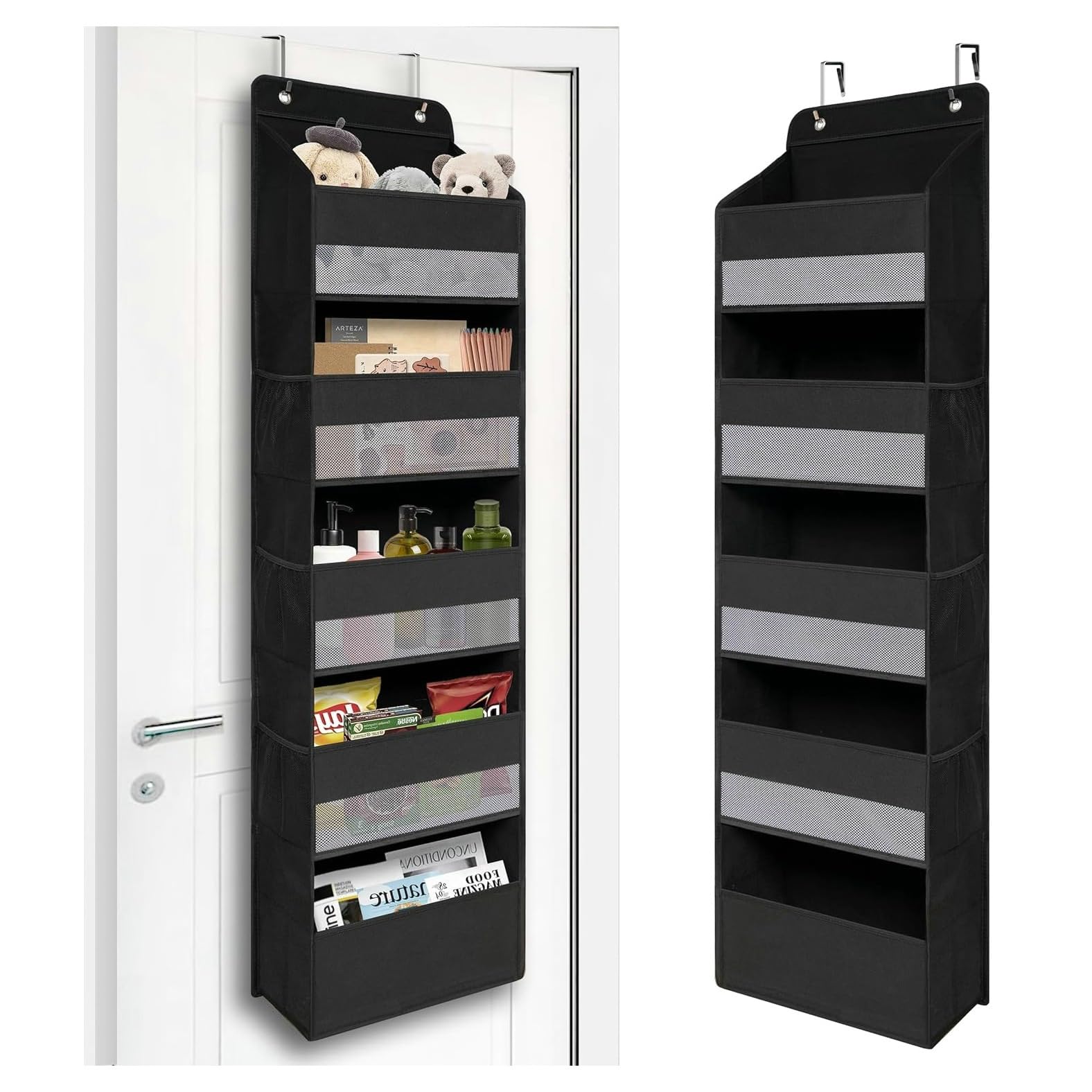 【送料無料】ウォールポケット Rinimie ドア掛け収納式ポケット 5段の大容量 透明窓付き 変形防止設計 壁掛け収納ポケット 吊り下げ収納ポケット 頑丈な不織布で作られた 耐用 小物収納 おもちゃ 雑誌 書類/漫画などの収納 2x弾性フック付き (黒い)