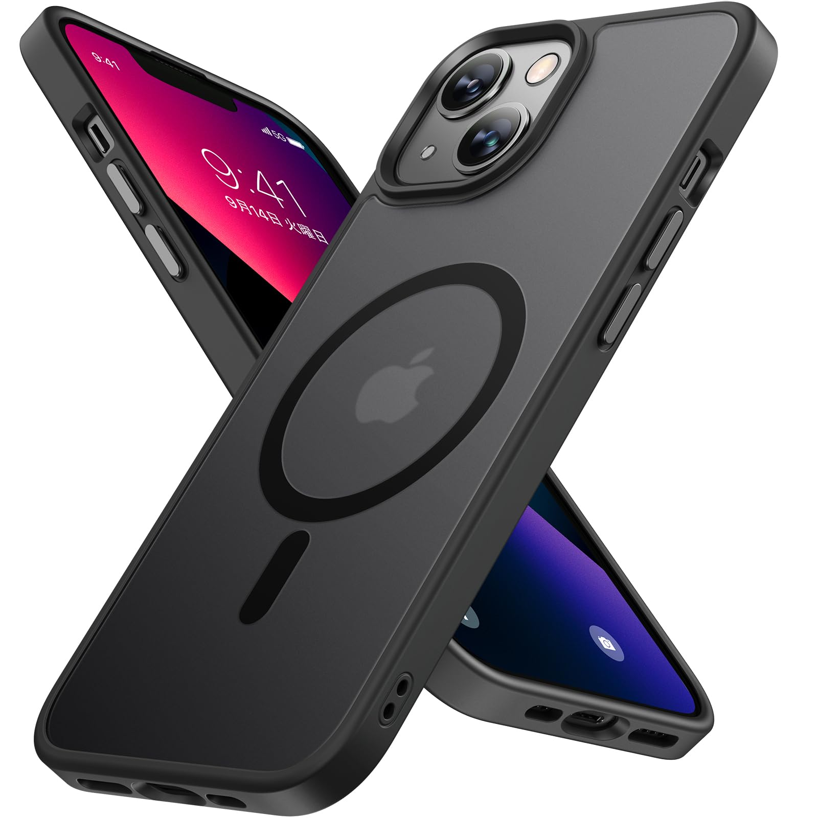 【送料無料】Miracase iPhone13 ケース【Magsafe対応・MIL米軍規格】iPhone13ケース 耐衝撃iphone 13 ケース 6.1インチ、傷防止、黄ばみ防止、指紋防止、放熱、ストラップホール付き、薄くて肌に優しいデザイン、金属ボタン、マット、フロスト、半透明、黒