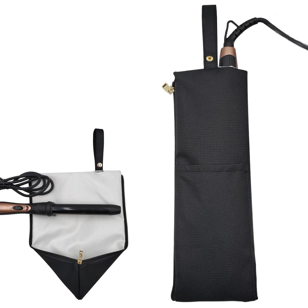 【送料無料】KASELIN ヘアアイロン ケース 収納 可愛い 耐熱 300度 撥水 ヘアアイロン収納袋断熱バッグ 吊り下げ コード収納ポケット付き 熱いまま収納 旅行 ミニアイロン 持ち運び 吊り下げ (ブラック)