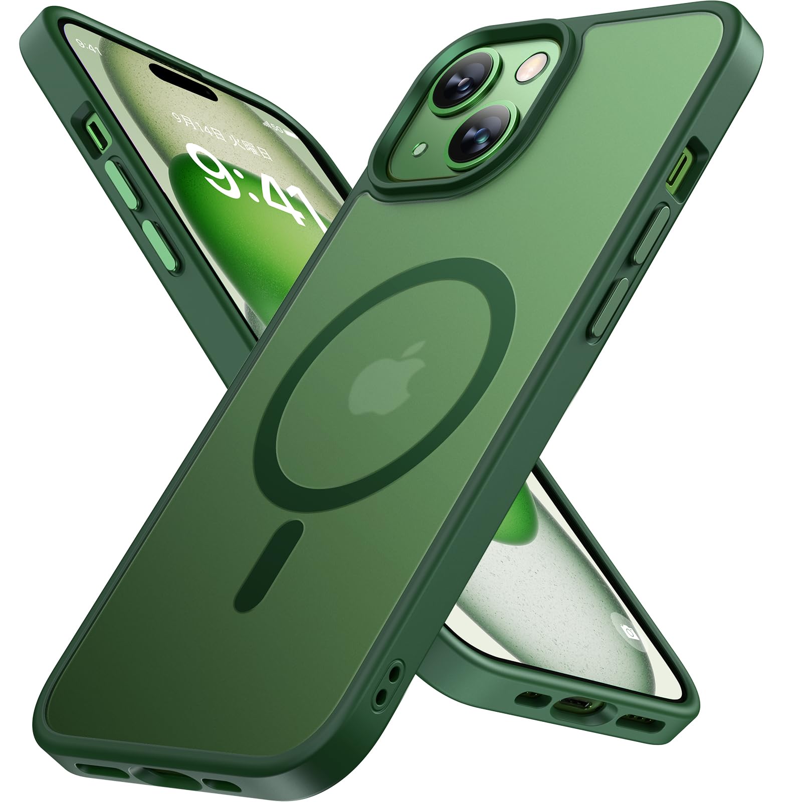 【送料無料】Miracase iPhone15 ケース【Magsafe対応・MIL米軍規格】耐衝撃iphone 15 ケース 6.1インチ 黄ばみ防止、傷防止、指紋防止、放熱、ストラップホール付き、薄くて肌に優しいデザイン、金属ボタン、マット、フロスト、半透明、濃い緑