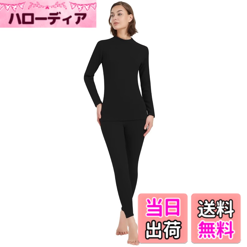Outdoor Wear - 【送料無料】[Sillictor] 防寒インナー レディース 上下セット 裏起毛 ヒートテック ハイネック あったかインナー 上下 アンダーシャツ + ロングタイツ 保温 インナーウェア 【ウールとシルク入り】 冬用 GLW02-blk-2XL（日本サイズL）