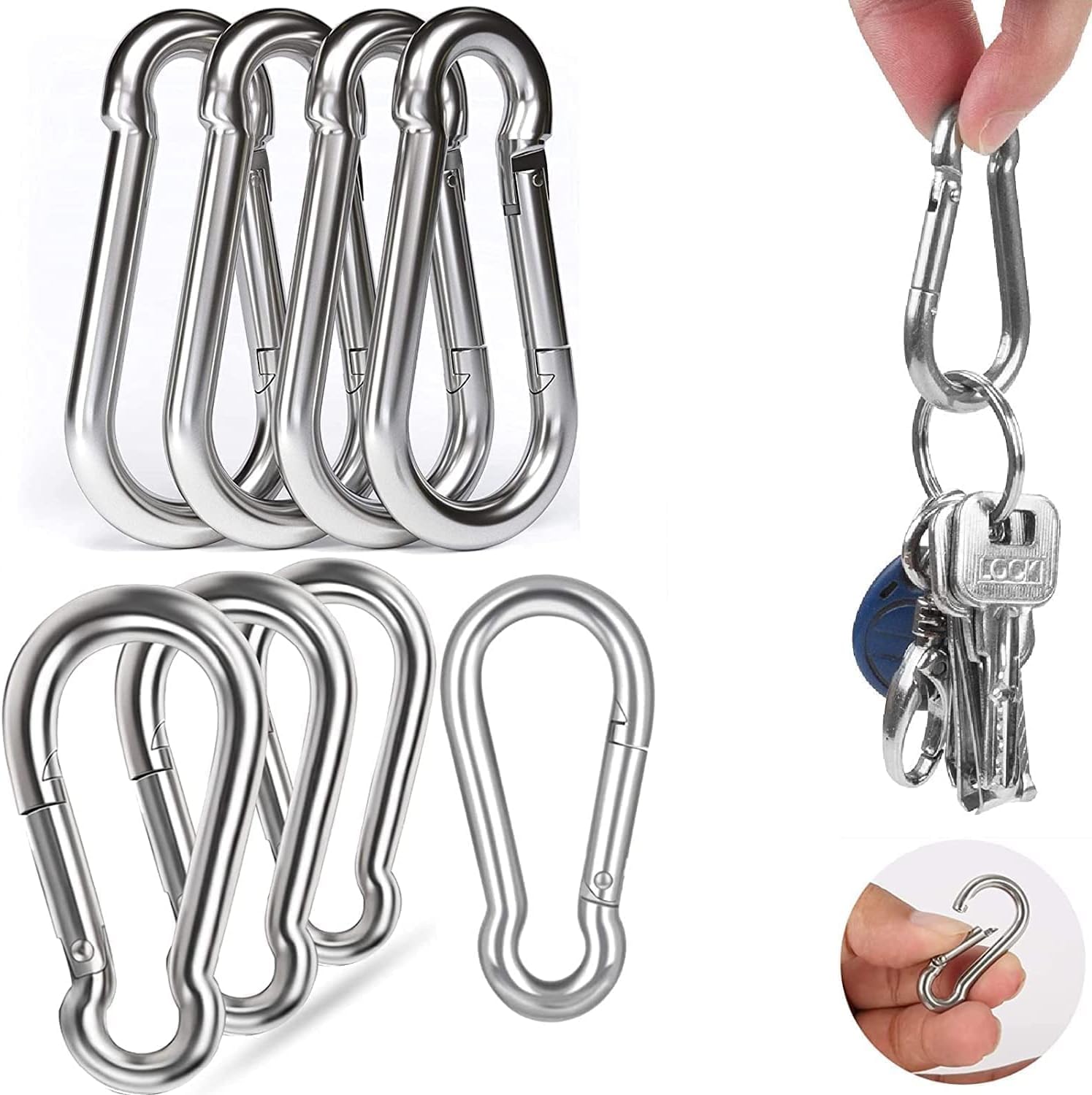【送料無料】Taeku カラビナ, 304ステンレス スプリングフック 強力キーホルダー 多機能スプリングスナップ 落下防止 転倒防止スナップフック アウトドア トレッキング 釣り 釣具 キーチェーンス 旅行用品 ハンモック バックパック用 (8cm x 8pcs)