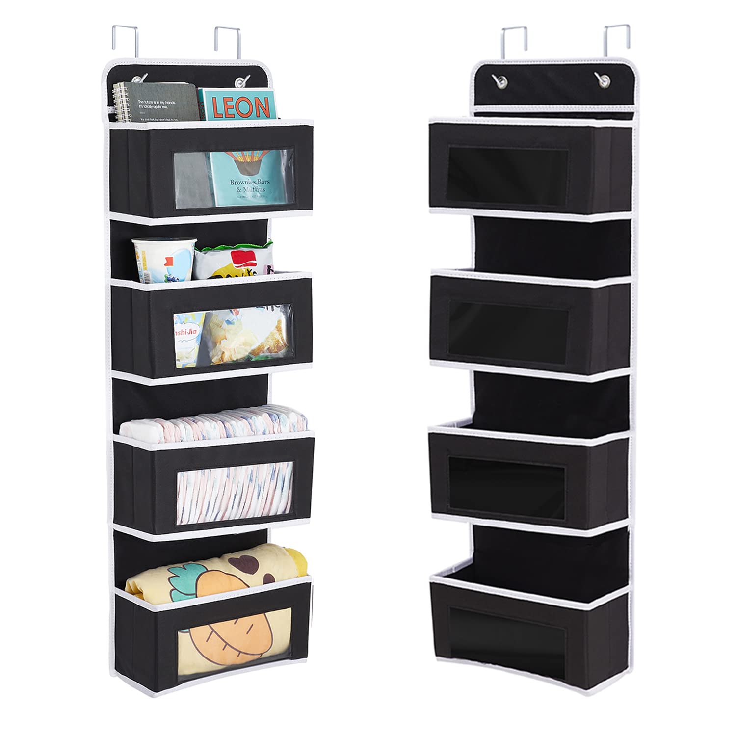 【送料無料】ウォールポケット Rinimie ドア掛けポケット 透明窓付き 4段大容量 壁掛け収納ポケット 吊り下げ収納ポケット 頑丈な不織布 耐用 小物収納 おもちゃ バッグ タオル 本 書類などの収納 2xフック付き（黒い）