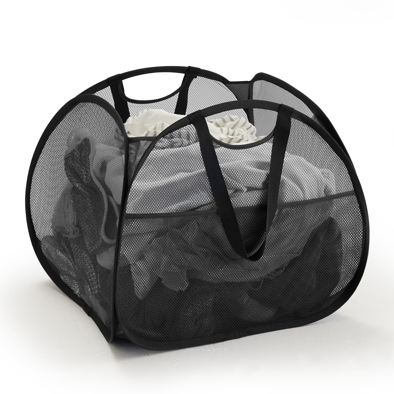 【送料無料】TECHMILLY ランドリーバスケット 四角 折りたたみ 洗濯カゴ 90L 大容量 洗濯かご メッシュ ランドリーバッグ 取っ手付き 持ち運び可能 ランドリーボックス バスルーム 洗濯物入れ 軽量 旅行 ランドリー収納 ゴミ箱 長さ50x幅さ50x高さ38CM(ブラック、1PCS