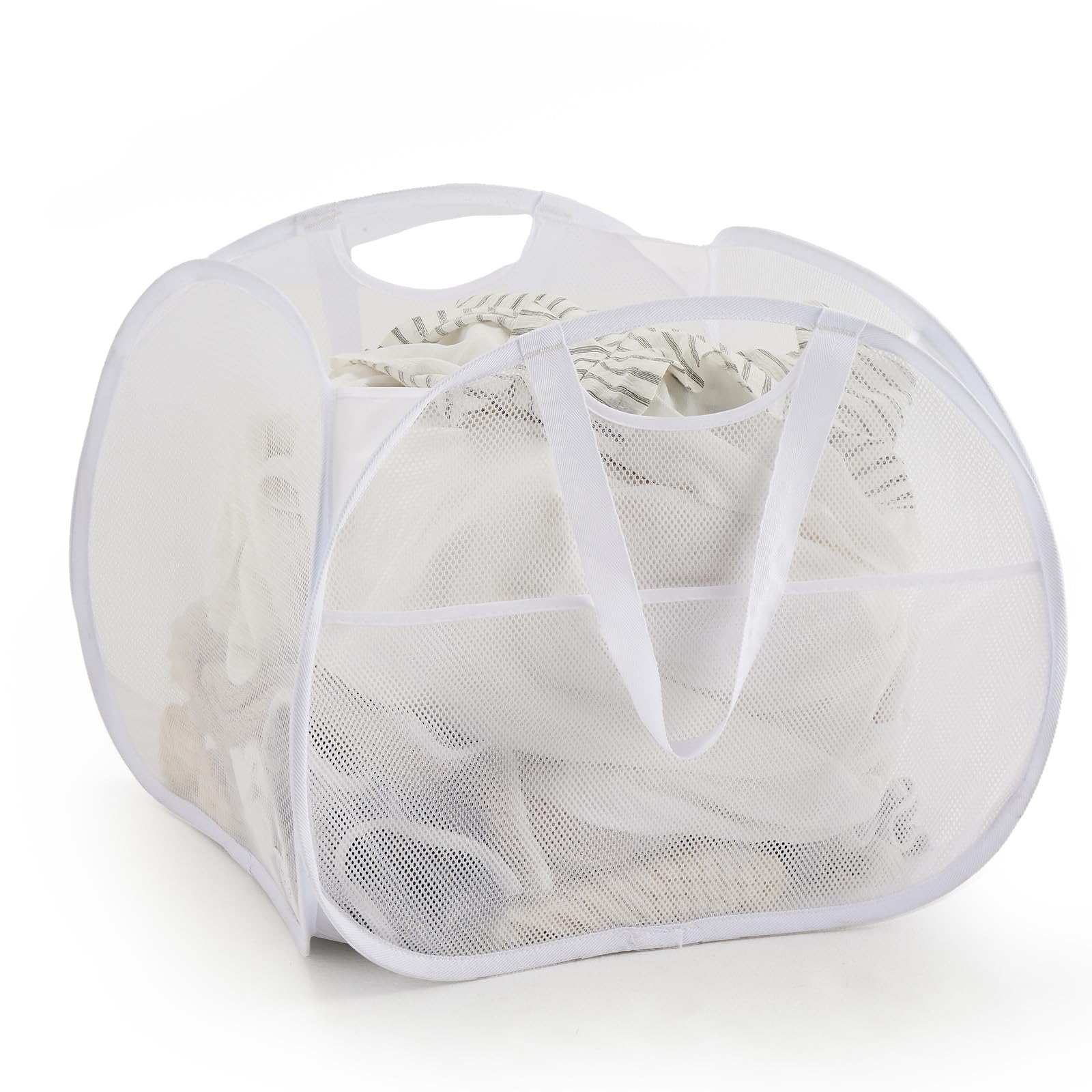 【送料無料】TECHMILLY ランドリーバスケット 四角 折りたたみ 洗濯カゴ 90L 大容量 洗濯かご メッシュ ランドリーバッグ 取っ手付き 持ち運び可能 ランドリーボックス バスルーム 洗濯物入れ 軽量 旅行 ランドリー収納 ゴミ箱 長さ50x幅さ50x高さ38CM (ホワイト、1PC