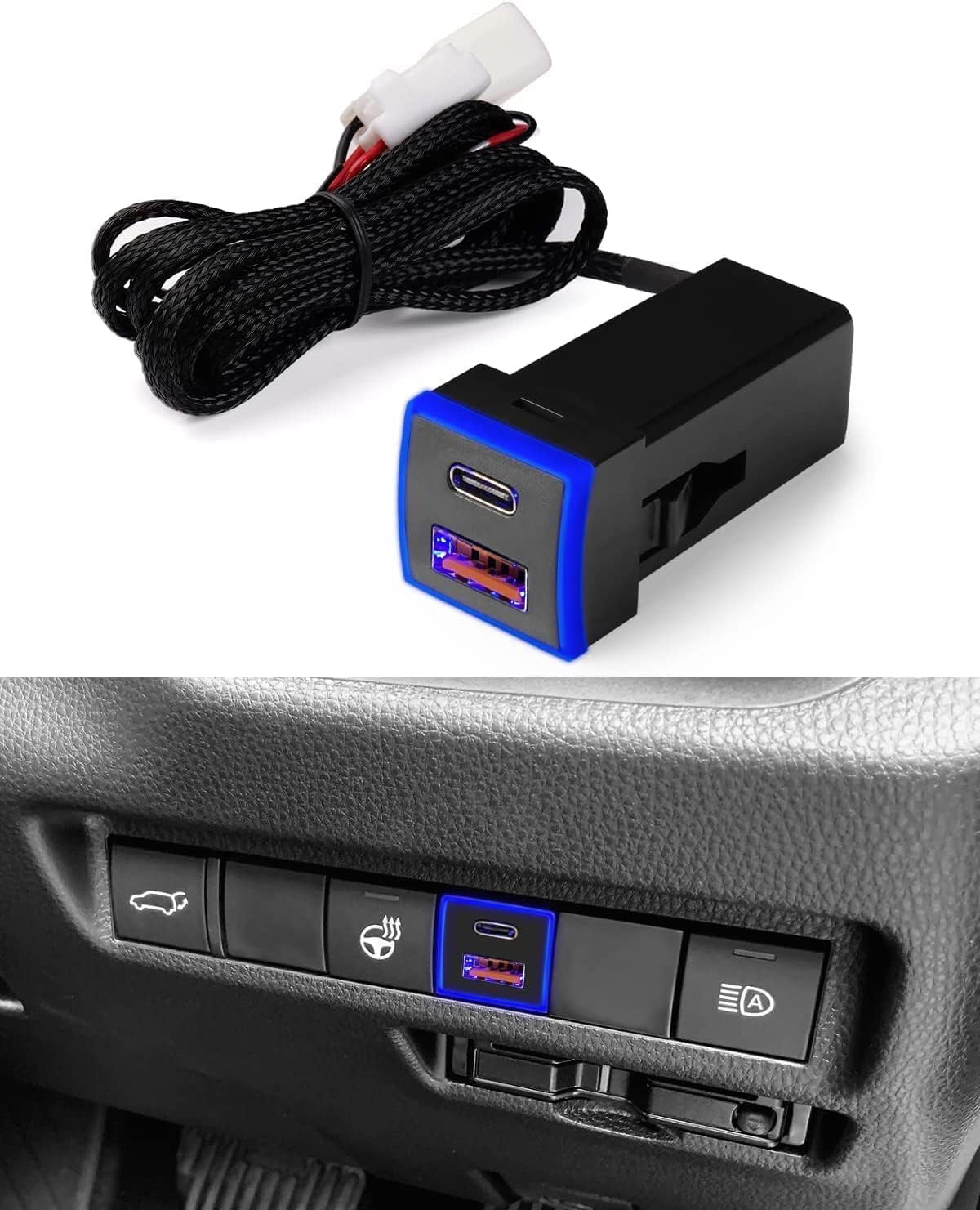 【送料無料】Jiooy usbポート qc3.0+pd type-c ノア・ヴォクシー90系 車載 ライズ usb 増設 RAV4 充電ポート ハリアー80系 ランドクルーザープラド 150系 後期 カローラ ヤリスクロス タント ロッキー デュアルUSBポート ledライト付き カプラーオン 取り付けやすい(ブル
