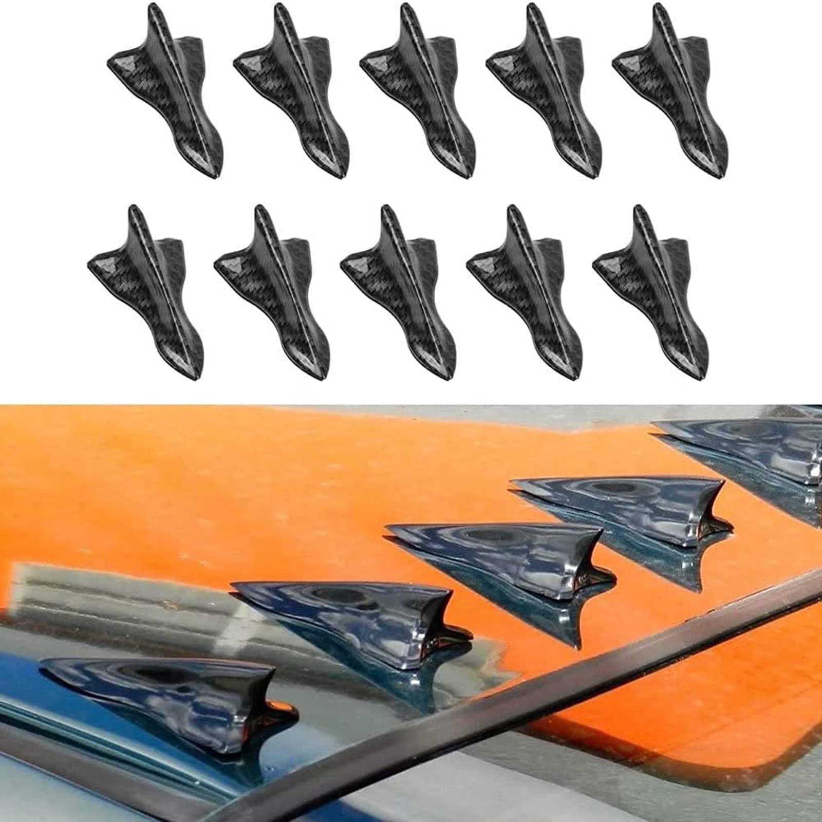 RULLINE エアボルテックスジェネレーター ディフューザー シャークフィン 10個セットキット スポイラールーフウィングポインテッドエンドスタイルカーボンファイバーパターンに対応 色：カーボンパターン、サイズ：Pointed carbon pattern