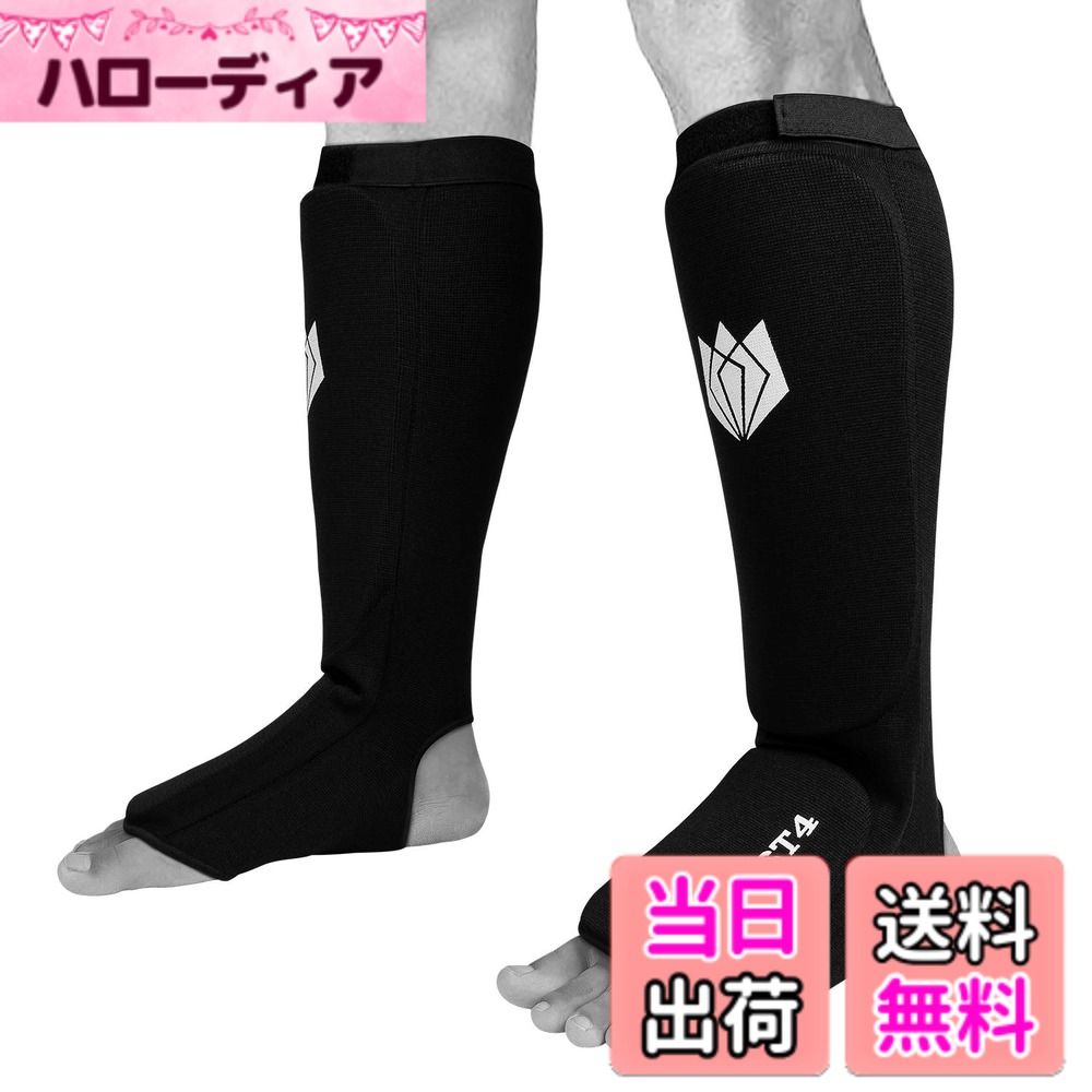 【送料無料】FitsT4 キックボクシング ボクシング MMA ムエタイ 空手 テコンドー クロス 甲 パッド入り 伸縮性 トレーニング スパーリング シンガード プロテクター (1ペア) 色：ブラック、サイズ：M