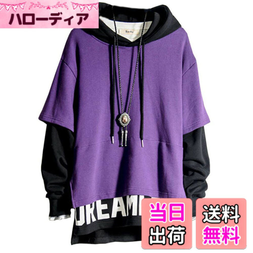 【送料無料】 HISITOSA パーカー メンズ 秋服 長袖 綿 軽い 柔ら 快適 スウェットパーカー プルオーバー ゆったり カジュアルおおきいサイズ 人気 服 メンズ 春 秋 冬 色：ブラック/パープル サイズ：L