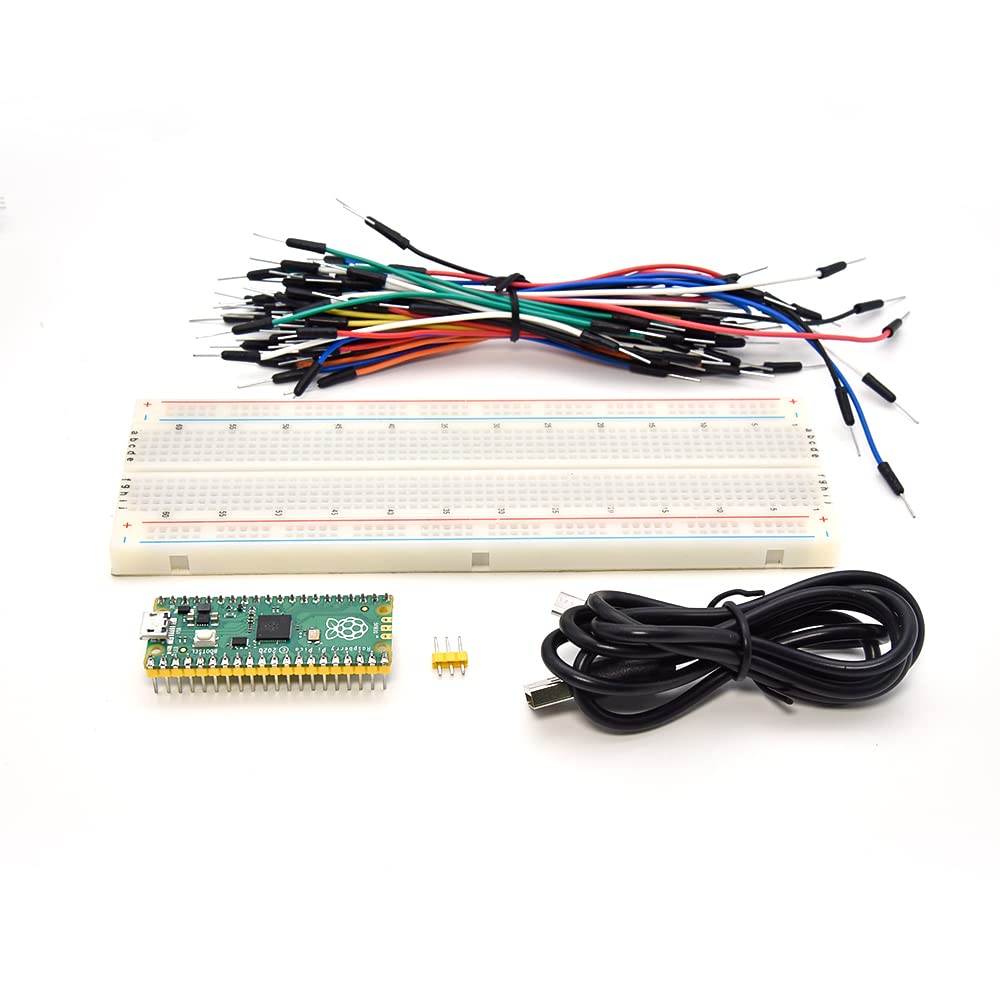 KEYESTUDIO Raspberry Pi Picoスターターキット（ヘッダー付き）マイクロUSBケーブルブレッドボードデュポンワイヤー、RP2040マイクロコントローラー、26個の多機能GPIOピン、温度センサー、CおよびMicroPythonでプログラム可能 色：Pico Breadboard