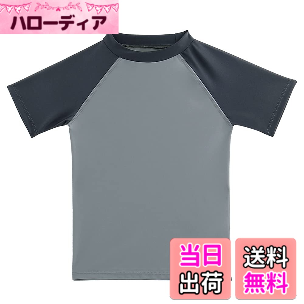  キッズ 半袖 Tシャツ ラッシュガード UVカットUPF+50 男の子 水着 色：NEWブラック+グレー、サイズ：130