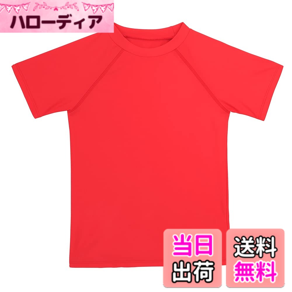 キッズ 半袖 Tシャツ ラッシュガード UVカットUPF+50 男の子 水着 色：レッド、サイズ：90
