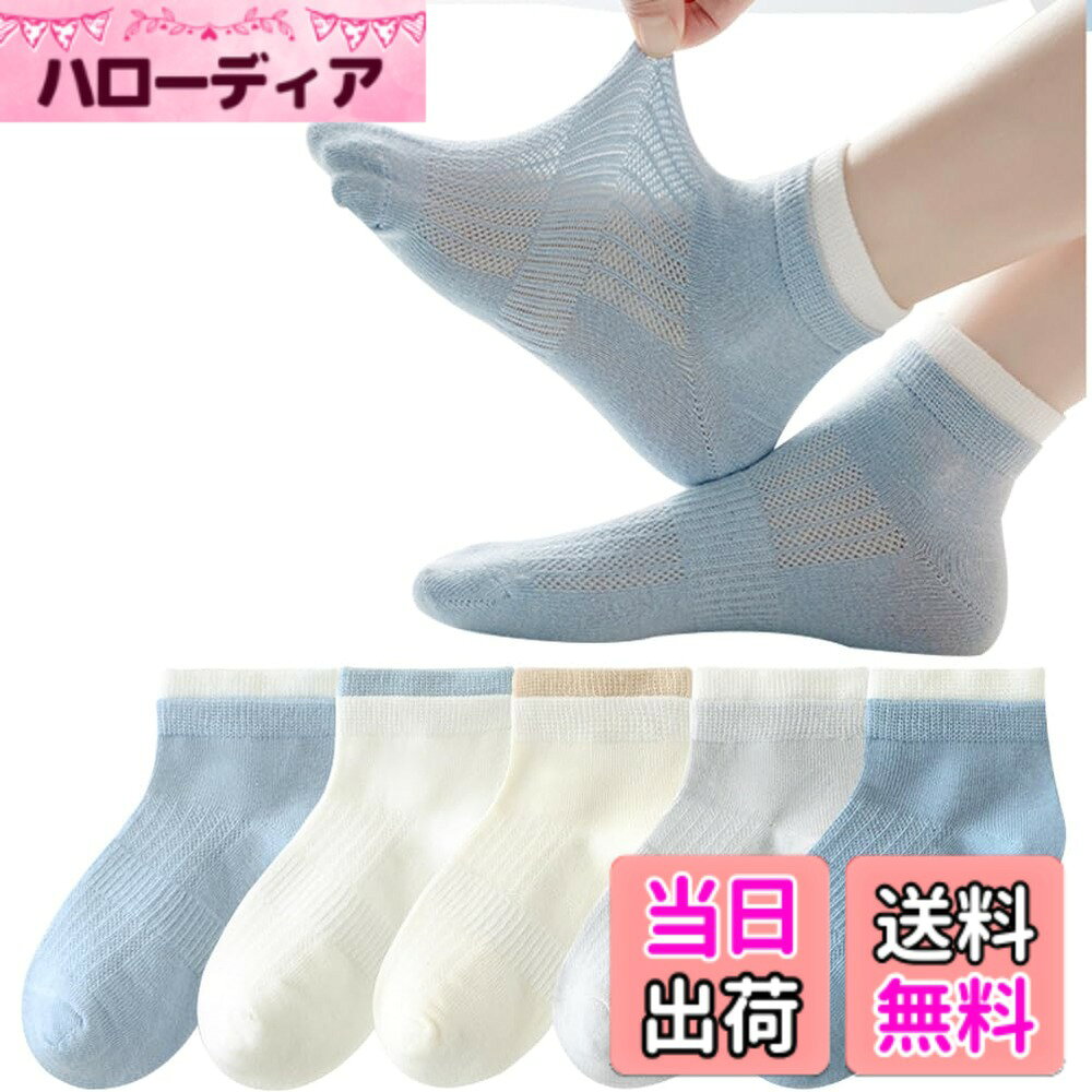 【送料無料】[eigenn] キッズ 靴下 子供 メッシュ ソックス 赤ちゃん 男の子 女の子 くつした ボーイズ ガールズ ジュニア 夏 綿 抗菌防臭 クルー丈 通気 吸汗吸湿 通園 通学 5足セット 色：ブルー＆グレー＆ホワイト、サイズ：M