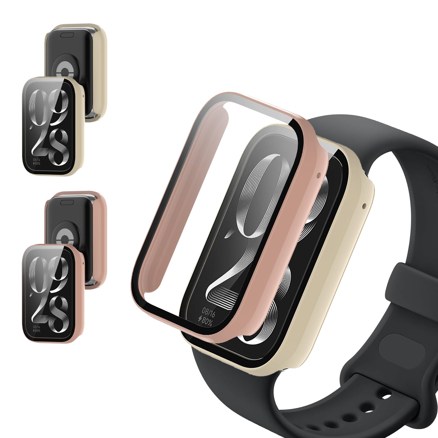 [Free Shipping] [2-Pack] Case Cover for Xiaomi Smart Band 9 Active [KONXISA] Smartwatch Case + Film Integrated (PC Case + Tempered Glass Film) Easy to Attach and Remove, High Transparency, Scratch Resistant, Shock Absorption, Charging Possible, Full Protection (White & Pink) Color: White & Pink