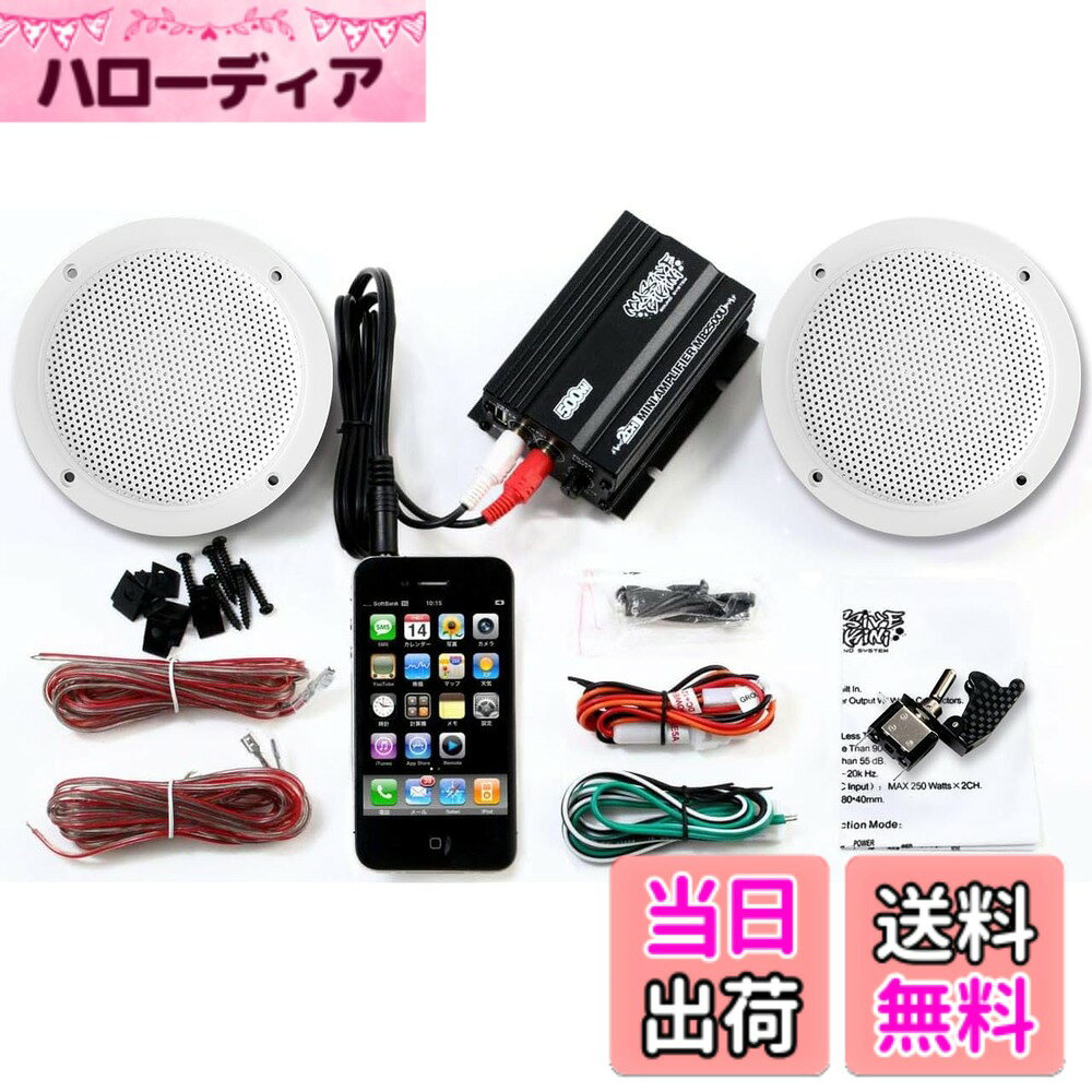 【送料無料】LEDスイッチ付 バイク用 バイク オーディオ 10cm 10センチ 4インチ スピーカー スピーカーグリル 300W グリル 防水 小型 アンプ 2チャンネル 300W USB 充電 ビックスクーター マグザム マジェスティ125 アドレスv125g 原付 デ 色：スピーカー(ホワイト/防水) hellodear-10257393 ハローディア楽天市場店 パッケージ画像