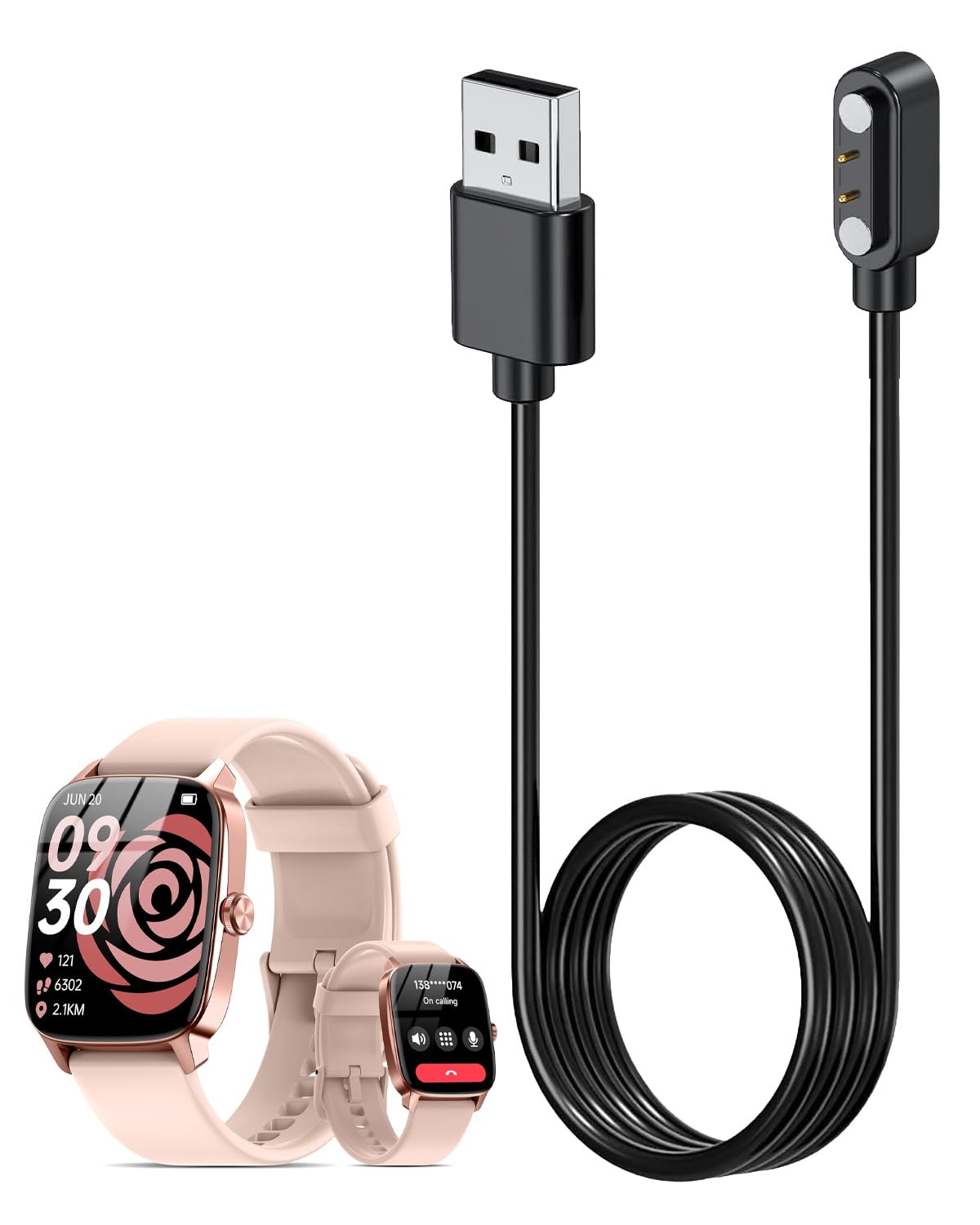 For EchoByte TGW01 1.85インチ スマートウォッチ 充電ケーブル USB 磁気充電器汎用マグネットコード 磁気吸着 高耐久 軽量 小さい 持ち運び便利 旅行用（1本セット） 色：ブラック