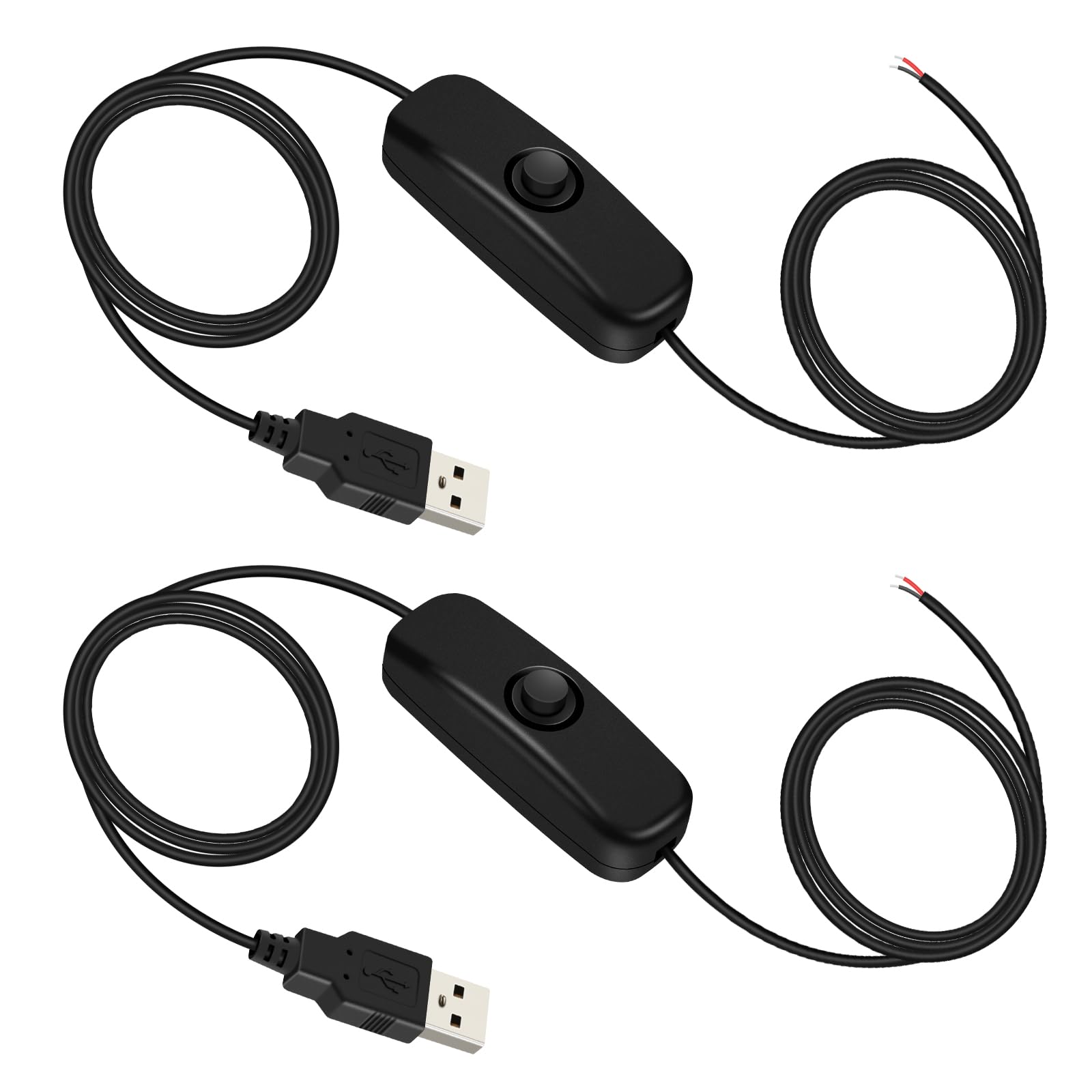 VIPMOON USB スイッチ付き 切りっぱなしケーブル 1.7m 2本セット 5V テールケーブル 裸線オープンエンド 修理 DIY用 電源ケーブル 色：ブラック、サイズ：1.7m