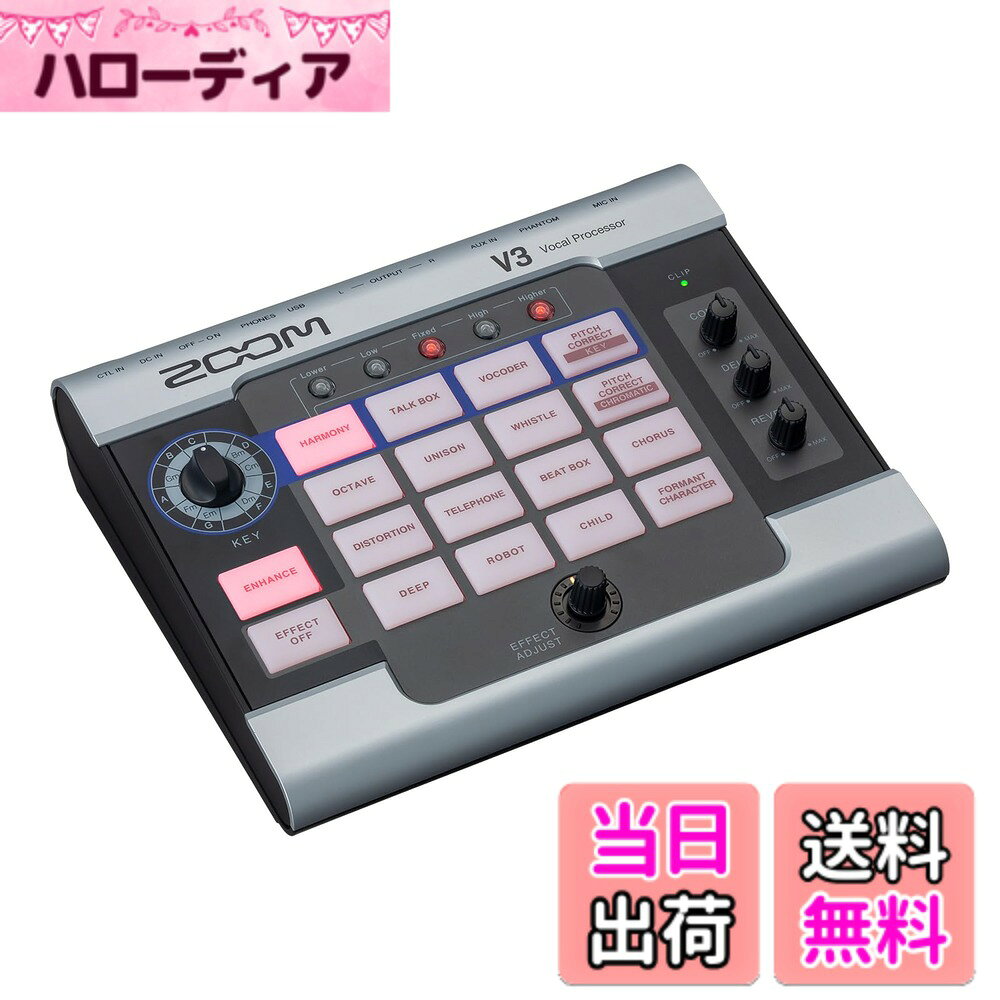 商品情報商品の説明ZOOM V3は、軽量コンパクト設計のボイスチェンジャー兼ボーカルエフェクターで、配信やVTuber活動、ライブストリーミングに最適です。フォルマントシフト機能を搭載し、男声・女声への変換や多彩なボーカルエフェクトをリアルタイムで適用可能。オーディオインターフェースとしても使用でき、PCやスマホとの接続で配信環境に直結。SGV-6ショットガンマイクとの連携も可能で、収録や配信の音声品質をさらに向上させます。国内正規品で安心のメーカー延長付き。主な仕様 【16種類のボイスエフェクト内蔵】V3（ブイスリー）は、ユニゾン、ボコーダー、ピッチコレクト、オクターブシフト、リバーブ、ディレイ、コンプレッサーなど、16種類のボイスエフェクトを内蔵しています。これにより、さまざまな音声表現が可能となります。【リアルタイム操作に対応】専用のパッドとノブを使用することで、ライブパフォーマンス中でもエフェクトの適用や調整をリアルタイムで行えます。これにより、演奏中の臨機応変な対応が可能です。【USBオーディオインターフェース機能】パソコンやiPhone/iPadにUSB接続することで、オーディオインターフェースとしても使用できます。これにより、レコーディングやストリーミング配信時に高品質な音声処理が可能。【おすすめのシーン】・ライブパフォーマンス：ステージでの多彩なボーカル表現。・ストリーミング配信/Vsinger：YouTubeやTwitchで印象的な音声体験を提供。・レコーディング：DAW連携でエフェクトやハーモニーをリアルタイム適用。・ゲーム実況/Vtuber・ポッドキャスト：キャラクターに合った声をリアルタイム生成。【おすすめの別売り品】●SVG-6：超指向性ボーカルマイク●FP02M：エクスプレッションペダル●FS01:フットスイッチ●SCU-40：ソフトシェルケース【姉妹品】●V6-SP:ステージ・ライブ利用に。フォルマントペダル、ルーパー、パッチ切り替え、3要素同時処理可能。リアルタイムで声質をペダルで変えたいなら方へ、V6-SPをおすすめします。