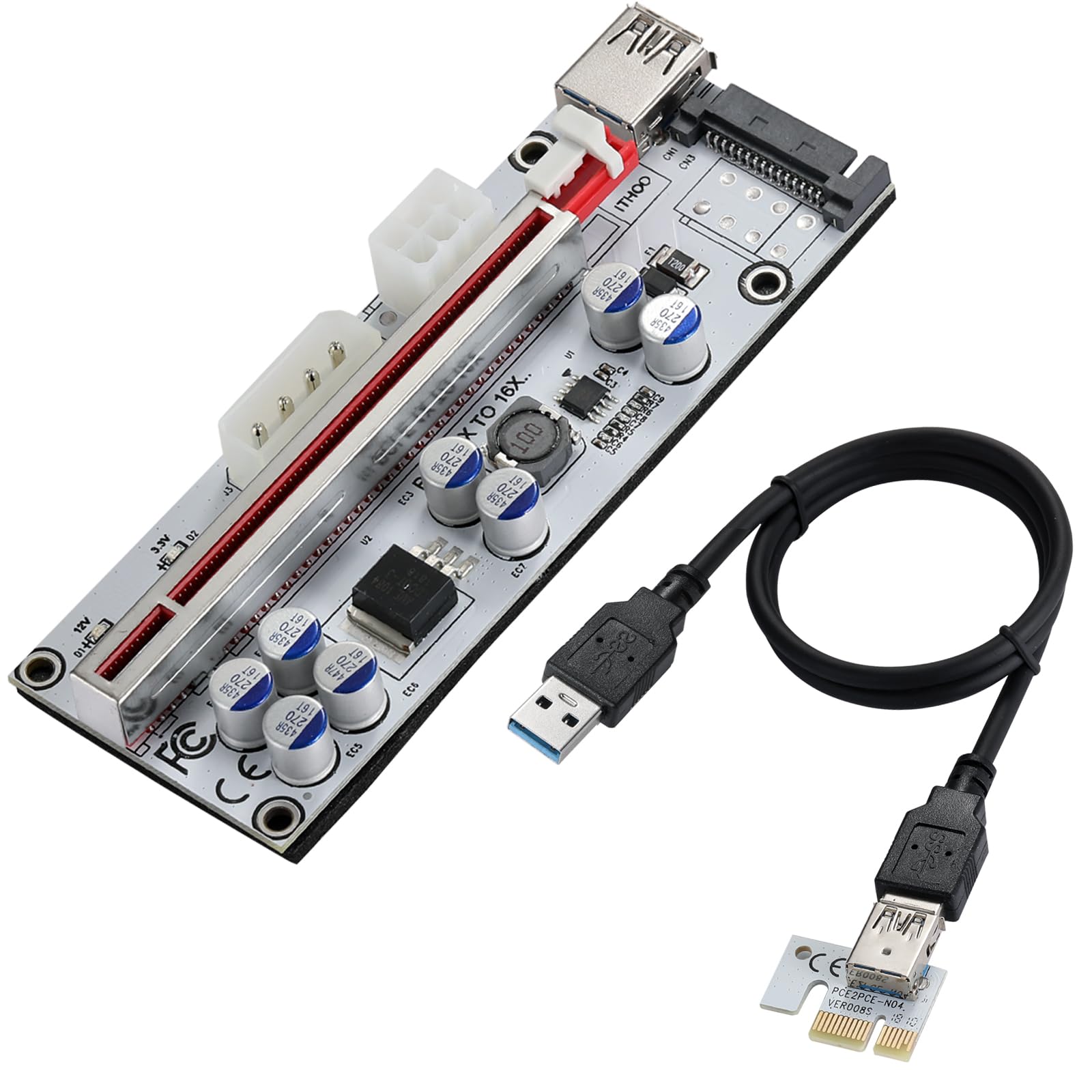 Mzhou USB 3.0ケーブル付きPCI-E 1X to 16X Riser Card - ビットコイン(BTC)、イーサリアム(ETH)&暗号マイニングリグ用シングルGPUマイニングエクステンダー、6ピン/SATA電源、安定した低ノイズ設計 色：Mz0617730。、サイズ：Mz0617730