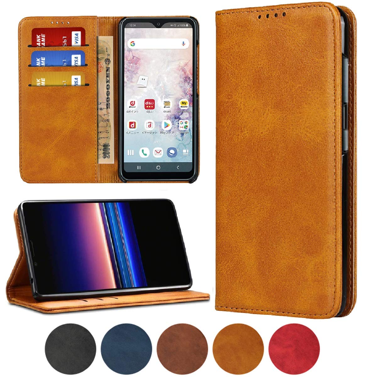 sharp+zenfone人気 内蔵マグネットPU合成皮革 財布型 カード収納 スタンド機能- 色：カーキ、サイズ：03-AQUOS R5G SH-51A SHG01 908SH