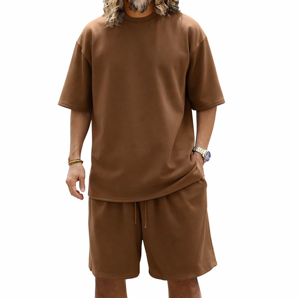 [Free Shipping] [Anmurye] Men's Oversized Short-Sleeve Tracksuit Set (T-shirt + Shorts) - Summer Wear - Running & Training - Comfortable - Pocketed - Adjustable Waistband - Breathable - Casual - Stretch - Sweatshirt Set - Color: Khaki, Size: XL