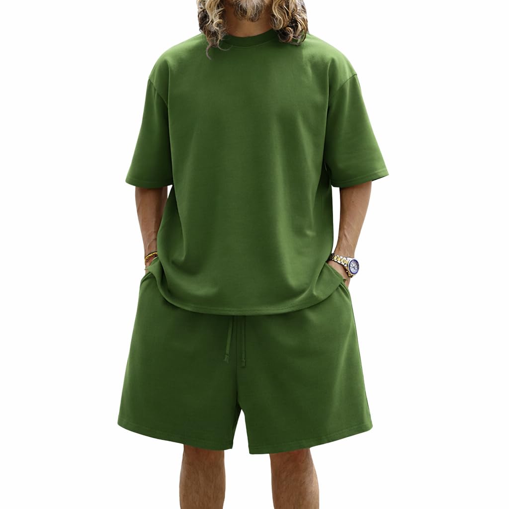 [Free Shipping] [Anmurye] Men's Oversized Short-Sleeve Tracksuit Set (T-shirt + Shorts) - Summer Wear - Running & Training - Comfortable - Pocketed - Adjustable Waistband - Breathable - Casual - Stretch - Sweatshirt Set - Color: Green, Size: 2XL