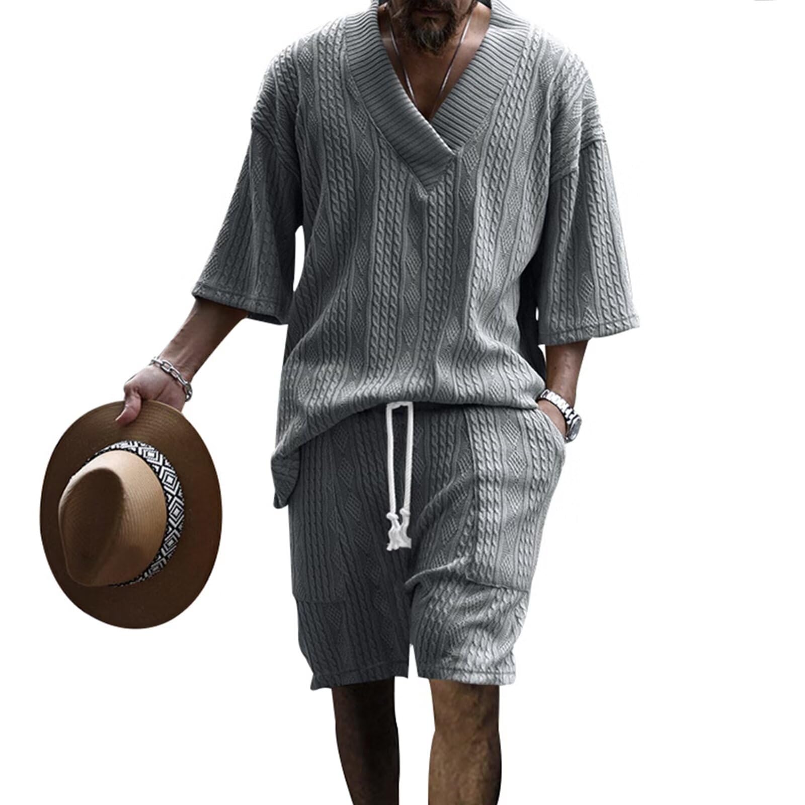 [Free Shipping] [Anmurye] Men's Tracksuit Set - Summer Clothes - Short-Sleeved T-Shirt + Shorts - Casual V-Neck - Oversized - Comfortable - Adjustable Waist - Solid Color - Breathable - White Color: Dark Gray (Short Sleeve), Size: L