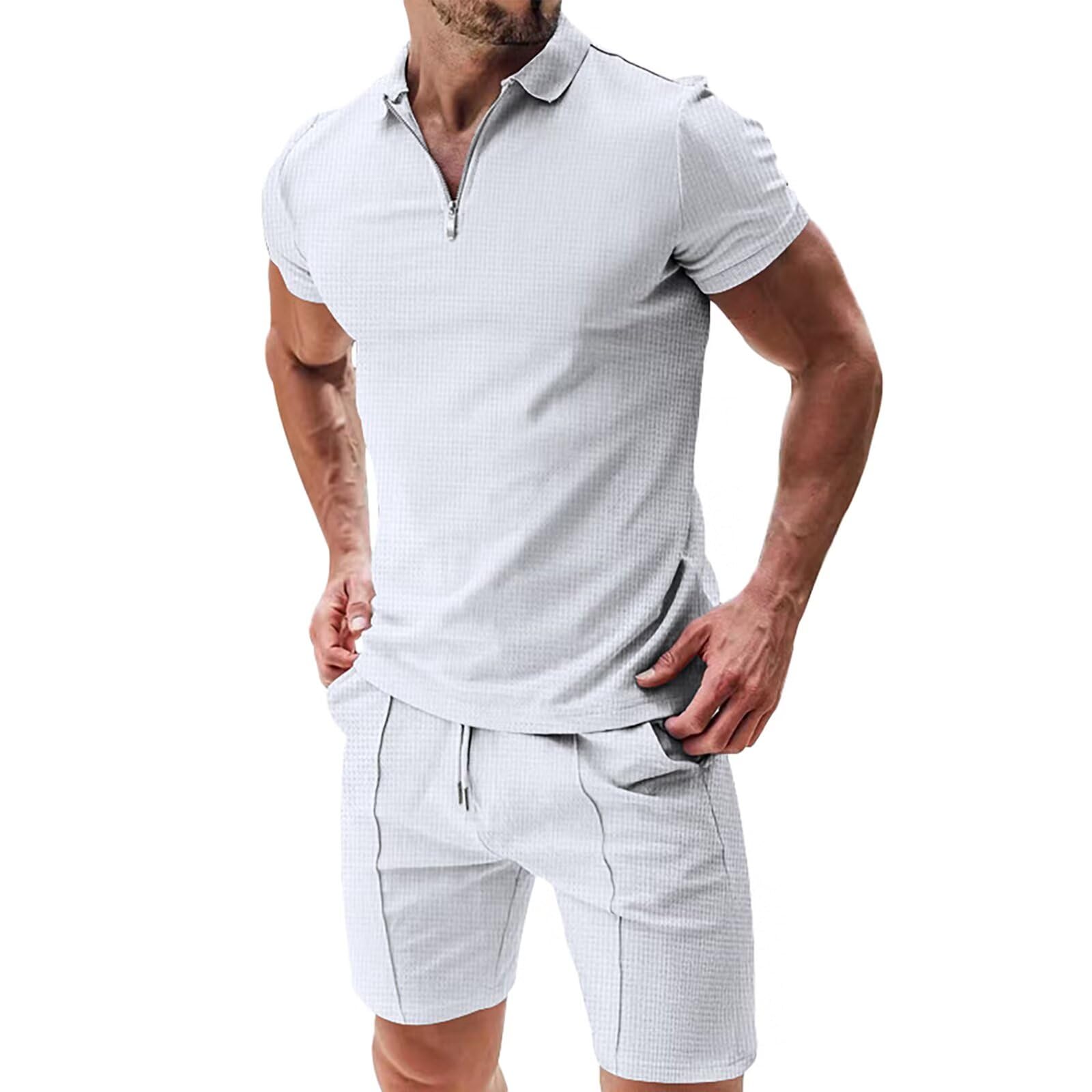 [Free Shipping] [Anmurye] Men's Tracksuit Set - Summer Clothes - Short-Sleeved Polo Shirt + Shorts - Casual V-Neck with Zipper - Comfortable - Adjustable Waist - Solid Color - Breathable - Sweatshirt Set - Color: White, Size: L
