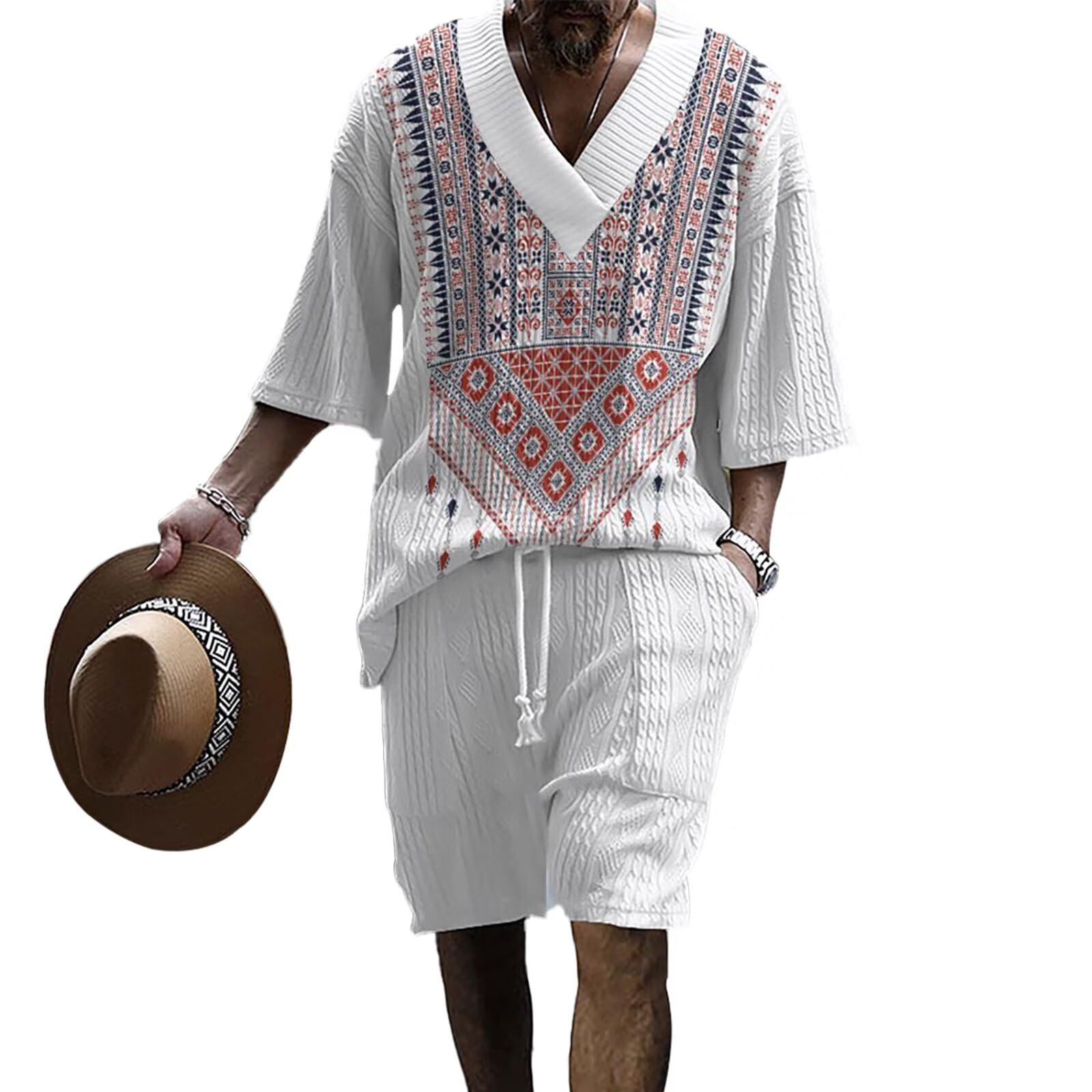[Free Shipping] [Anmurye] Men's Tracksuit Set, Printed Pattern, Summer Clothes, Short-Sleeved T-Shirt + Shorts, Casual, V-Neck, Oversized, Comfortable, Adjustable Waist, Solid Color, Breathable, Sweatshirt Set, White Short-Sleeved, Loungewear, Color: White Short-Sleeved (Bohemia) - 579, Size: 2XL