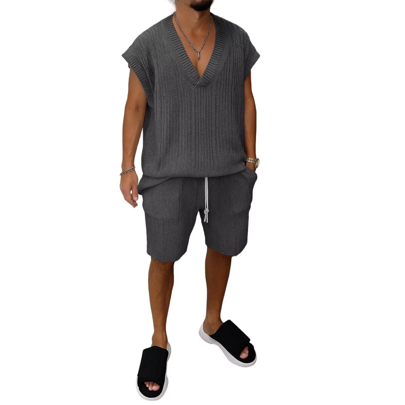 [Free Shipping] [Anmurye] Men's Tracksuit Set - Summer Clothes - Tank Top + Shorts - Casual V-Neck - Oversized - Comfortable - Adjustable Waist - Solid Color - Breathable - Sweatshirt Set - Color: Dark Gray, Size: M