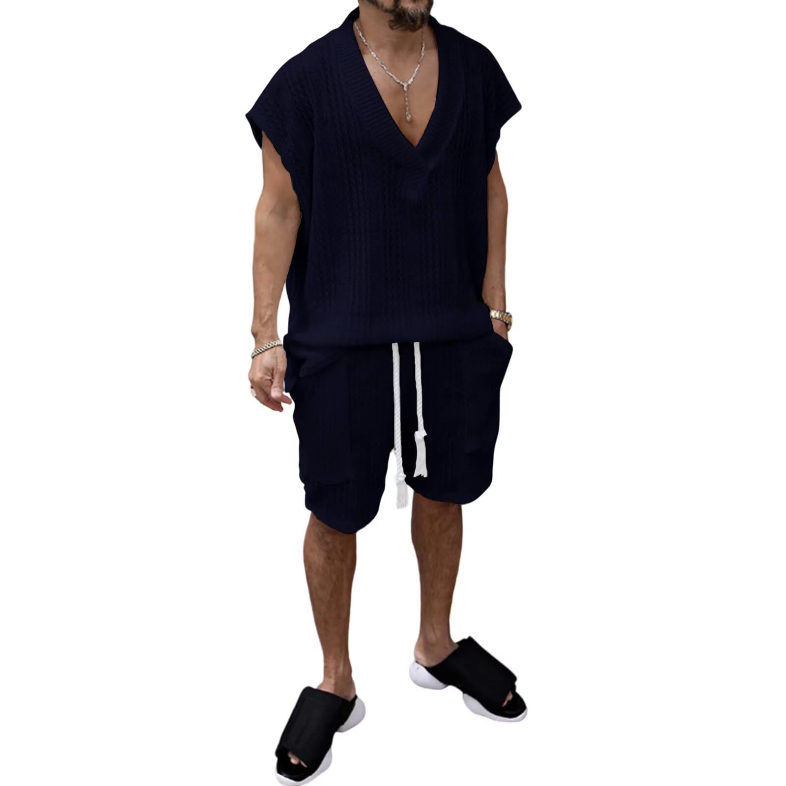 [Free Shipping] [Anmurye] Men's Tracksuit Set - Summer Clothes - Tank Top + Shorts - Casual V-Neck - Oversized - Comfortable - Adjustable Waist - Solid Color - Breathable - Sweatshirt Set - Color: Navy, Size: M