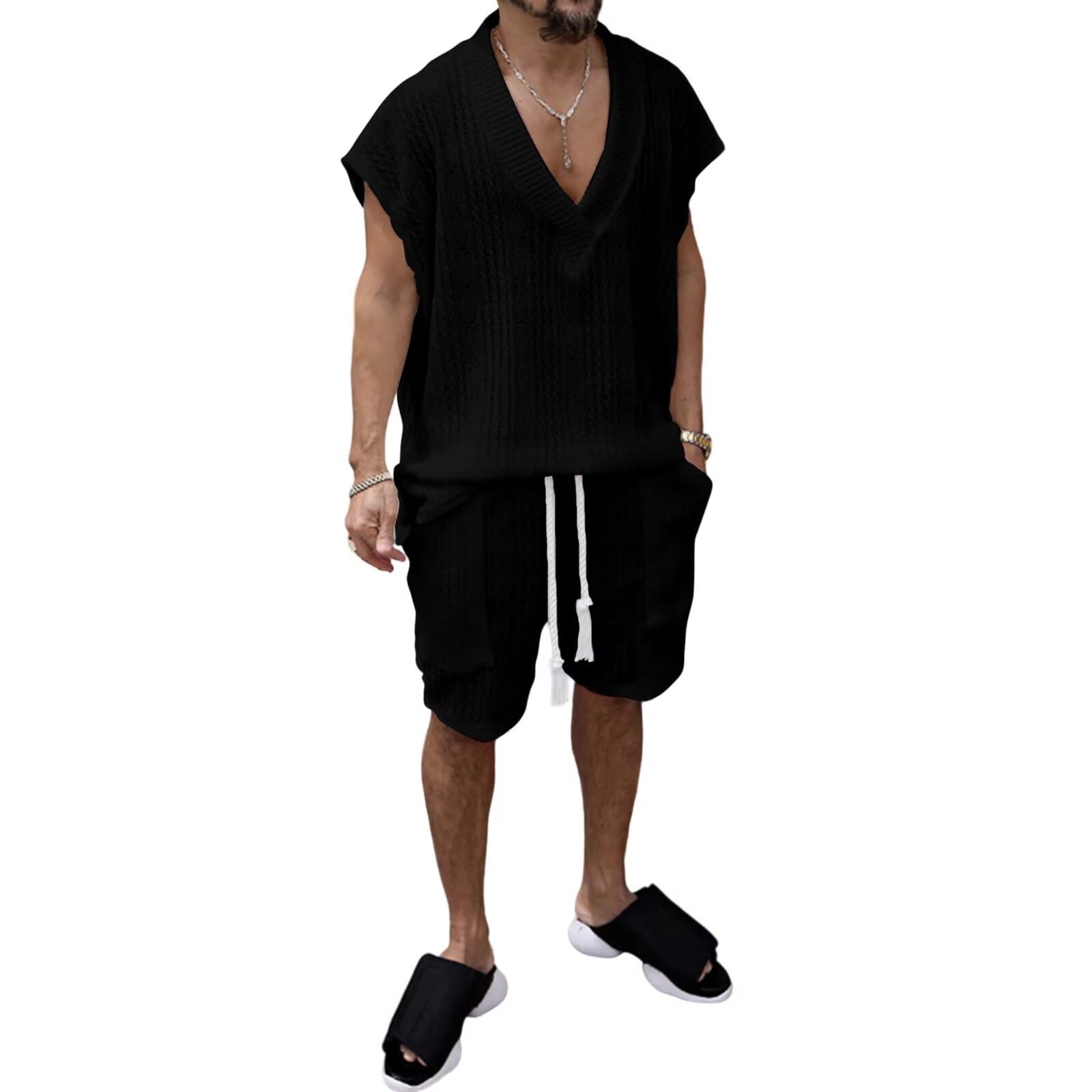 [Free Shipping] [Anmurye] Men's Summer Tracksuit Set: Tank Top/T-Shirt + Shorts, Casual, V-Neck, Oversized, Comfortable, Adjustable Waist, Solid Color, Breathable, Sweatshirt Set, Color: Black, Size: M