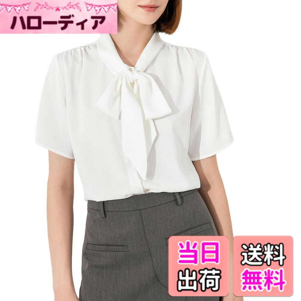 【送料無料】[SPRING SEAON] ボウタイシャツ 半袖 シフォン ブラウス リボン トップス 春 夏 スーツ インナー オフィスカジュアル おしゃれ 大きいサイズ エレガント S~4L 色：ホワイト、サイズ：M