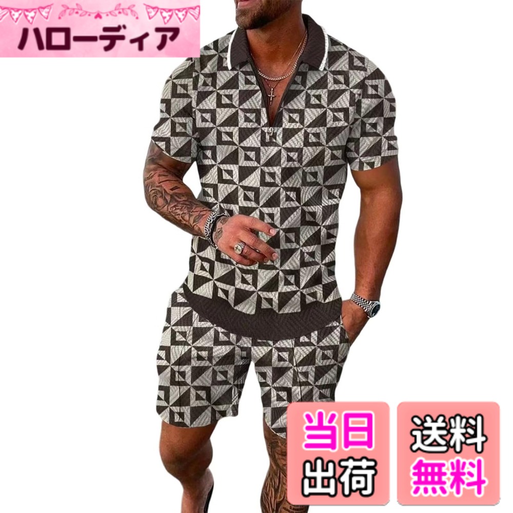 【送料無料】[UUEN] メンズ スポーツウェア セットアップ ハーフファスナー 半袖 夏服 ジャージ ハーフパンツ カジュアル 襟付きシャツ 短パンツ Vネック シャツ フィットネス アウトドア 上下2点セット 色：GY、サイズ：XL