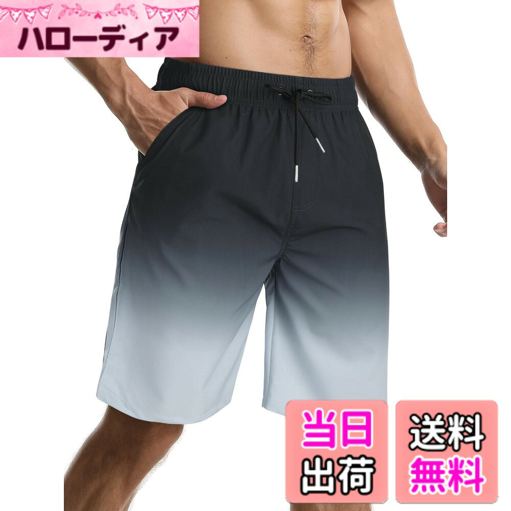 【送料無料】水着 メンズ サーフパンツ 夏 海水パンツ 膝丈 ボードショーツ スイムウェア 水陸両用 通気 速乾 メッシュインナー 大きいサイズ 色：ブラック/グレー、サイズ：2XL