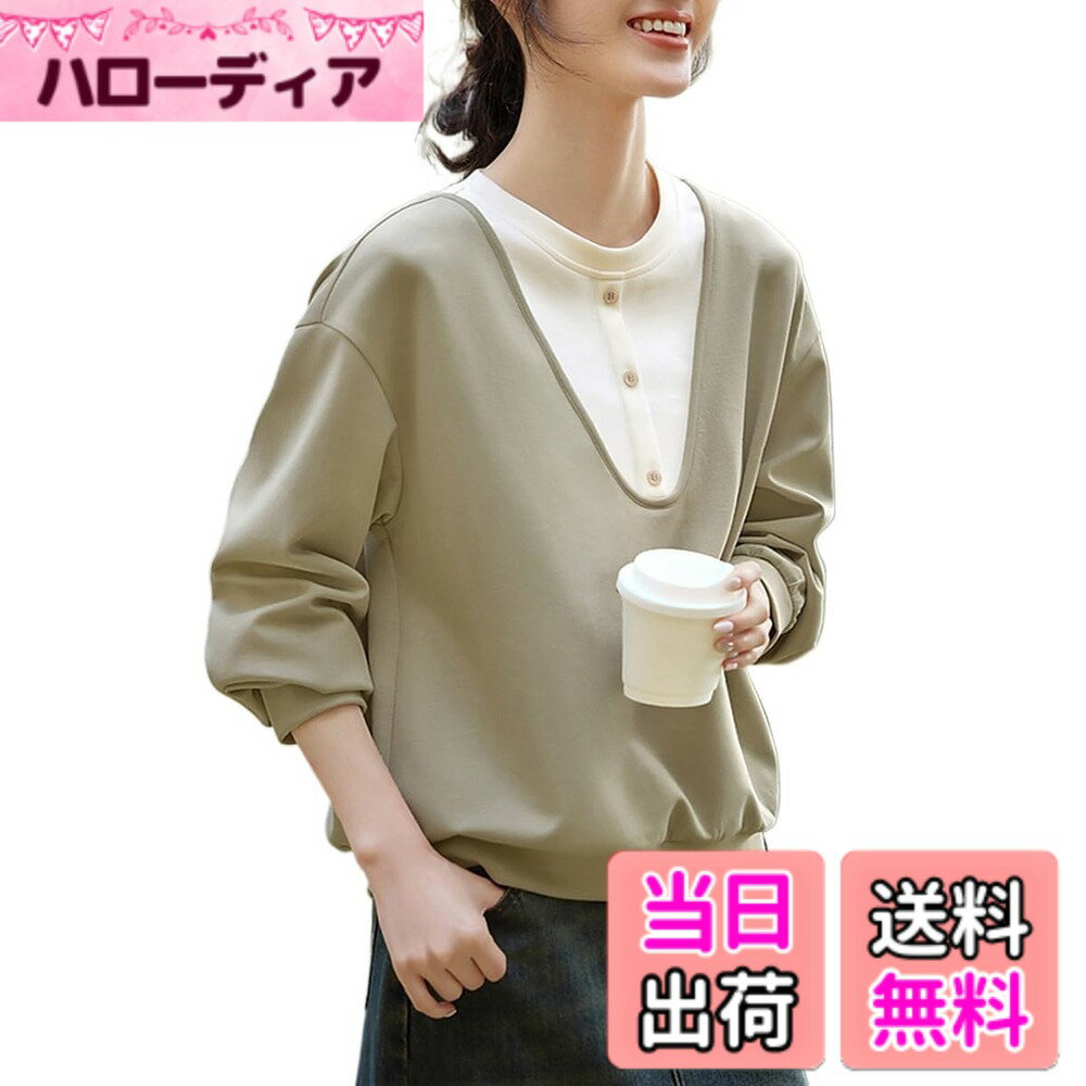 Rakuten - 【送料無料】[H．zroy] トレーナー レディース トップス フェイクレイヤード 長袖 Tシャツ スウェット 無地 切り替え 丸首 プルオーバー ゆったり 上着 おしゃれ カジュアル 春 秋 色：グリーン、サイズ：M