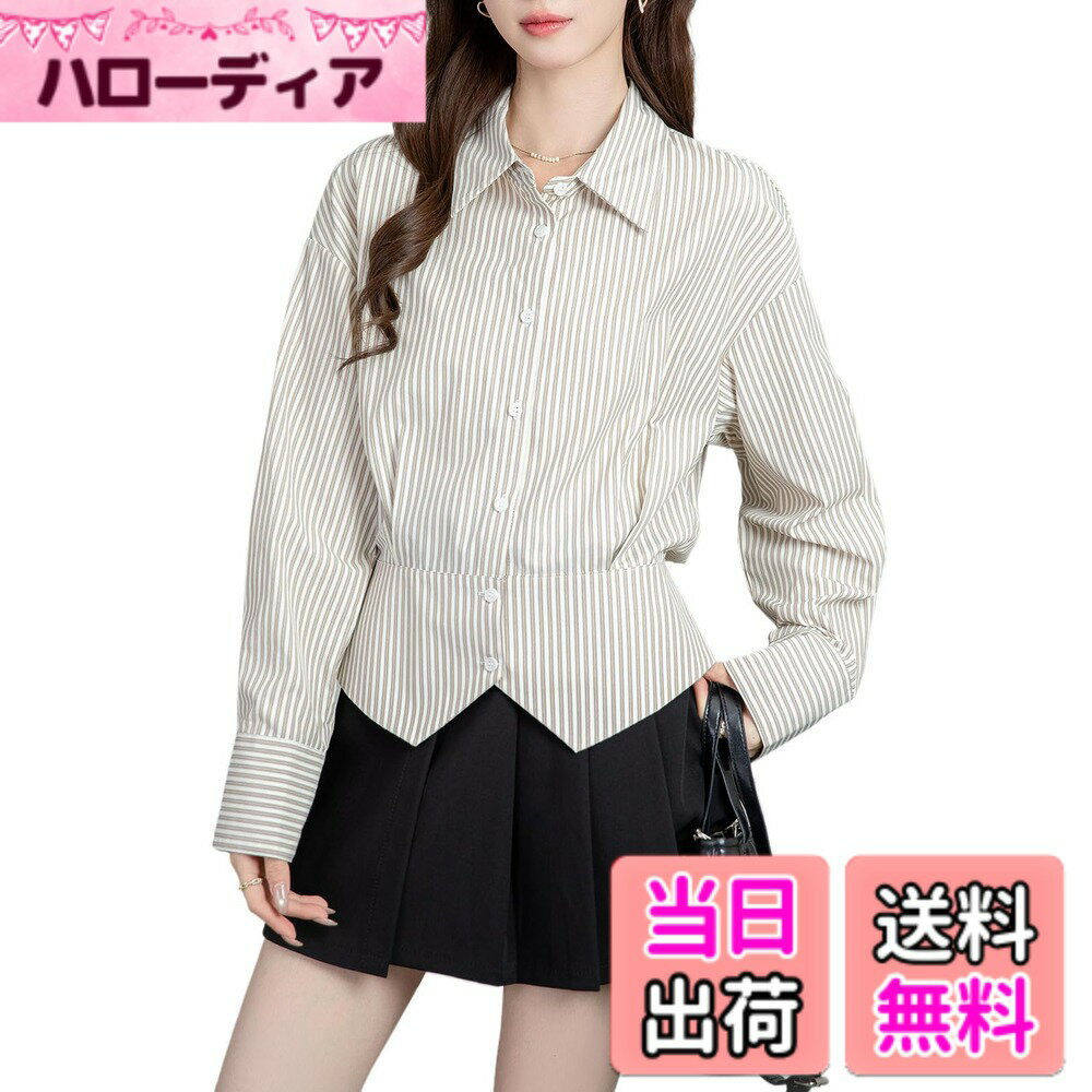 Other - 【送料無料】[H．zroy] ブラウス 長袖 レディース ストライプ シャツ 折り襟 トップス ボタン 上着 縞柄 大人 エレガント オフィス ゆったり 体型カバー 着痩せ おしゃれ 事務服 OL 通勤 フォーマル きれいめ 春 秋 色：カーキ、サイズ：XL