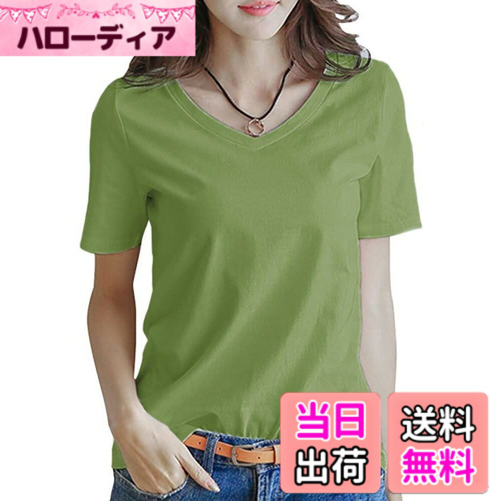 Rakuten - 【送料無料】[INNIFER] 無地 Tシャツ レディース 白 黒 Vネック 半袖 綿 カットソー トップス シンプル おしゃれ きれいめ S-3XL 色：グリーン、サイズ：L