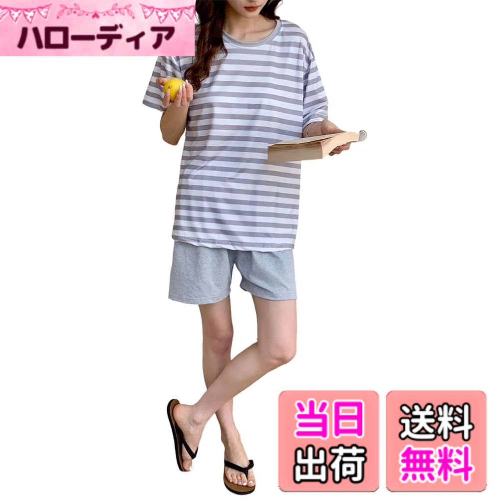 樂天商城 - 【送料無料】[Pluviva] パジャマ レディース 夏 ルームウェア 半袖 部屋着 上下セット 冷感 トラベルパジャマ 大きいサイズ 寝巻き 寝間着 快眠 トップス ストライプ 柄 涼しい 色：ライトグレー、サイズ：XL