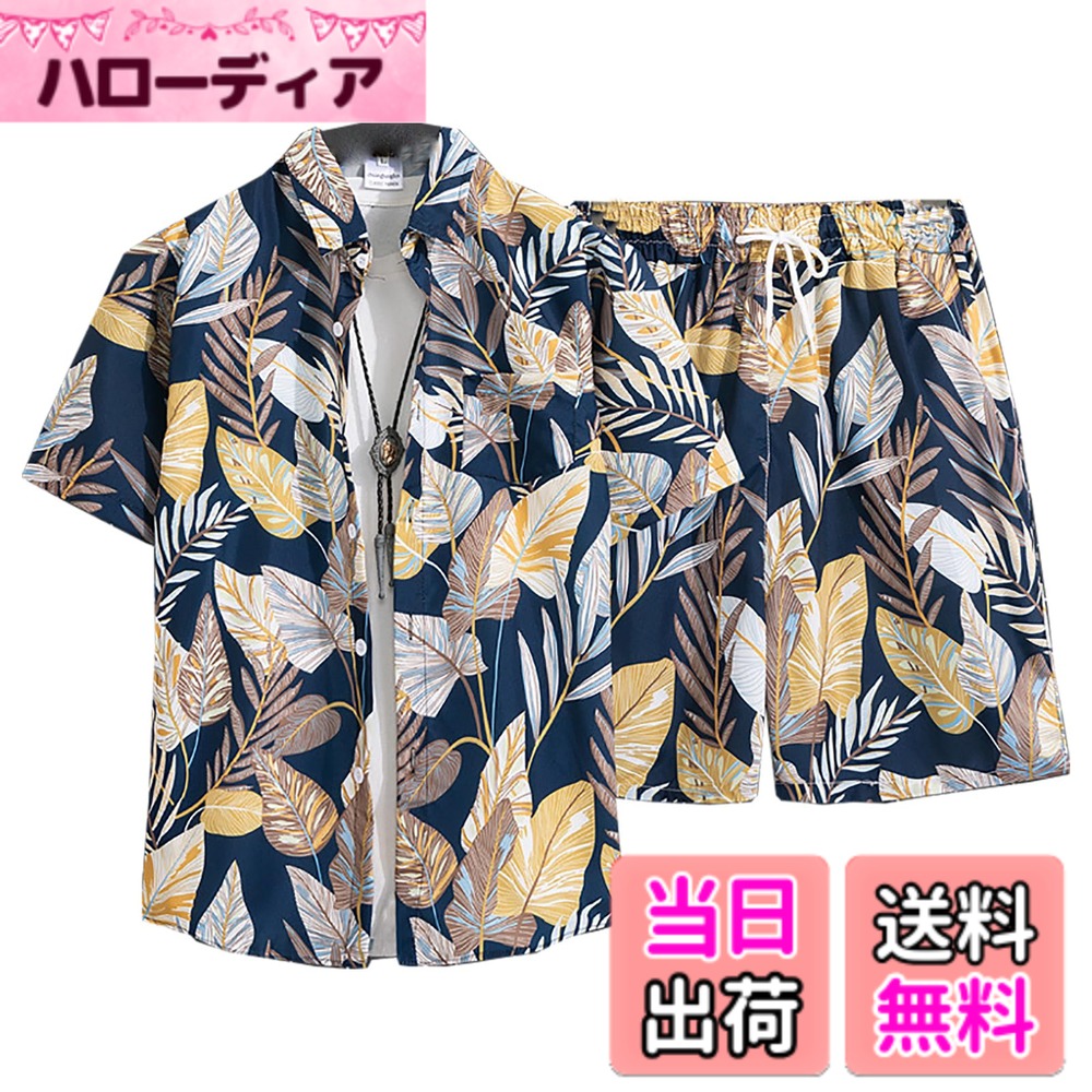 Leotards - 【送料無料】[HEGROPH] メンズ アロハシャツ＆ビーチパンツ セット 花柄 半袖 涼感 軽量 快適 ハワイアン リゾート カジュアル 夏服 薄手 セットアップ 色：321ブラック、サイズ：2XL